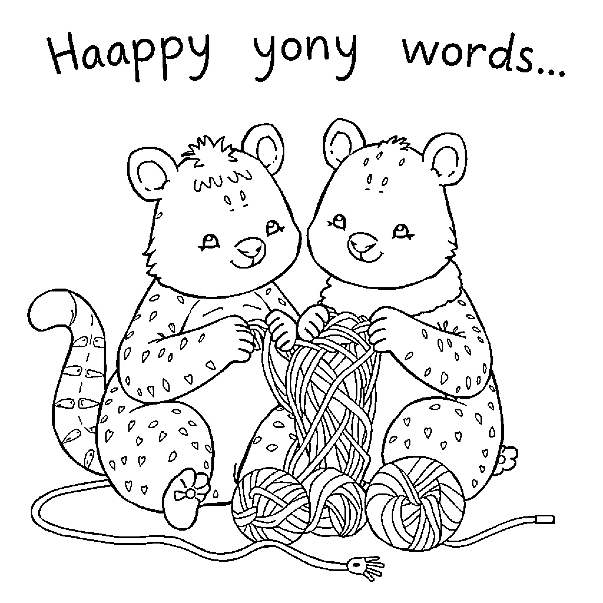 Animal Yarn with Happy Yony Words Coloring Page (free black-and-white line drawing printable PDF for all, from beginners to advanced learners, including children, teens, adults, and seniors)