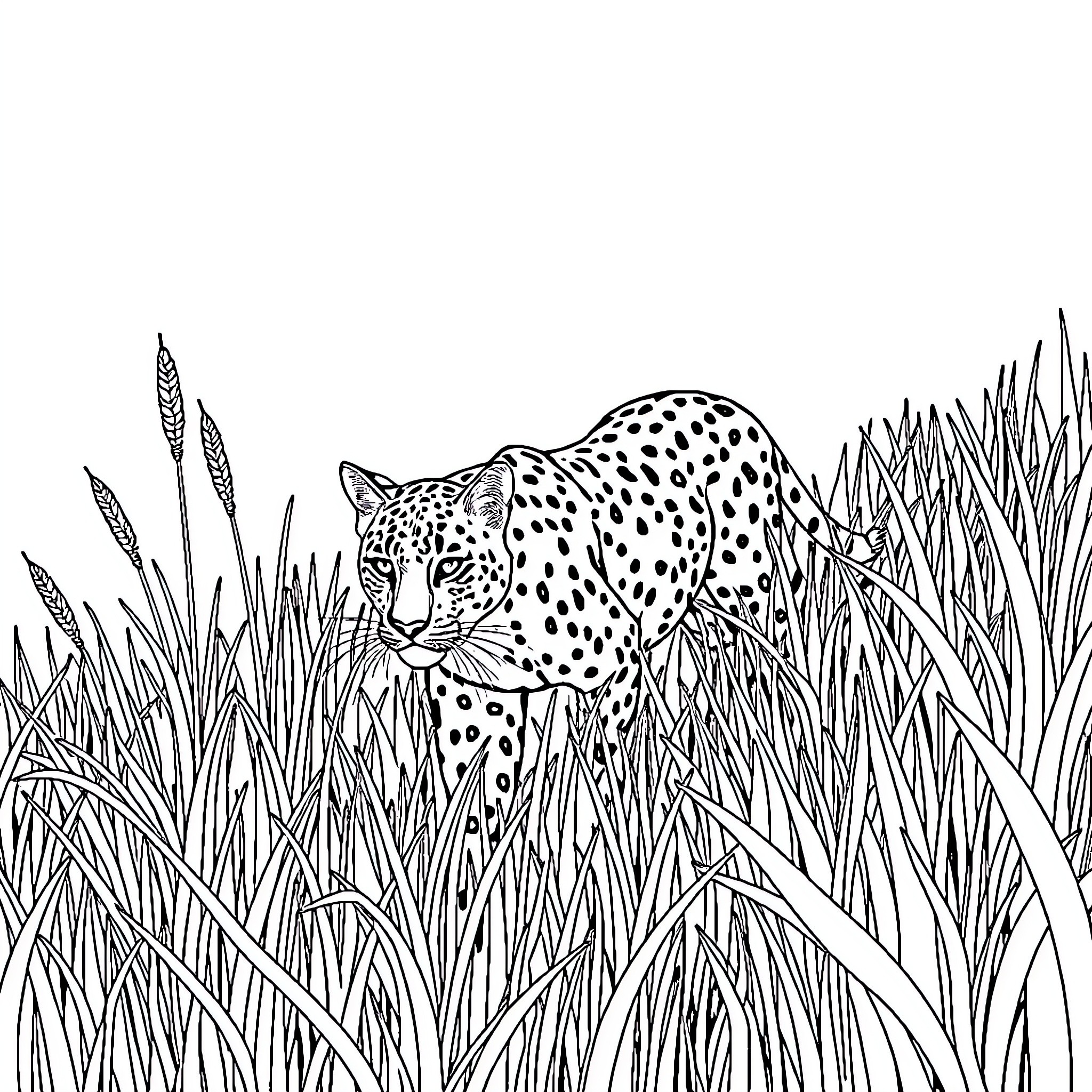 Big Cat Hunting Prey in Tall Grass Coloring Page (free black-and-white line drawing printable PDF for all, from beginners to advanced learners, including children, teens, adults, and seniors)