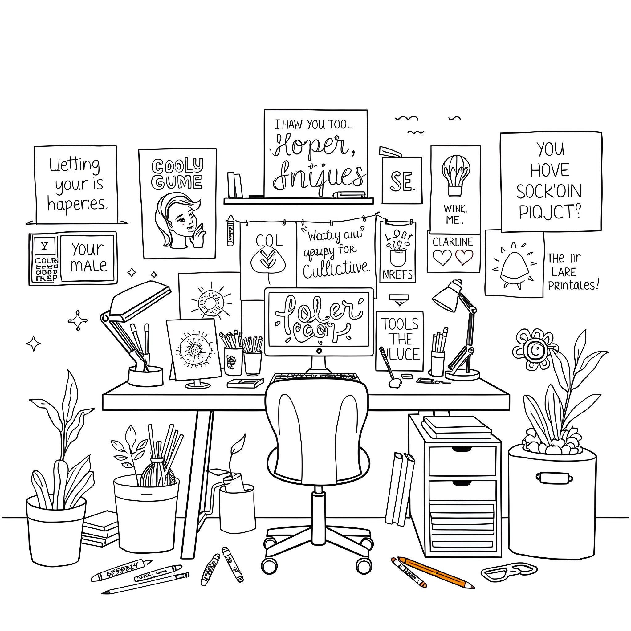 Generator of creative office supplies and gadgets Coloring Page (free black-and-white line drawing printable PDF for all, from beginners to advanced learners, including children, teens, adults, and seniors)