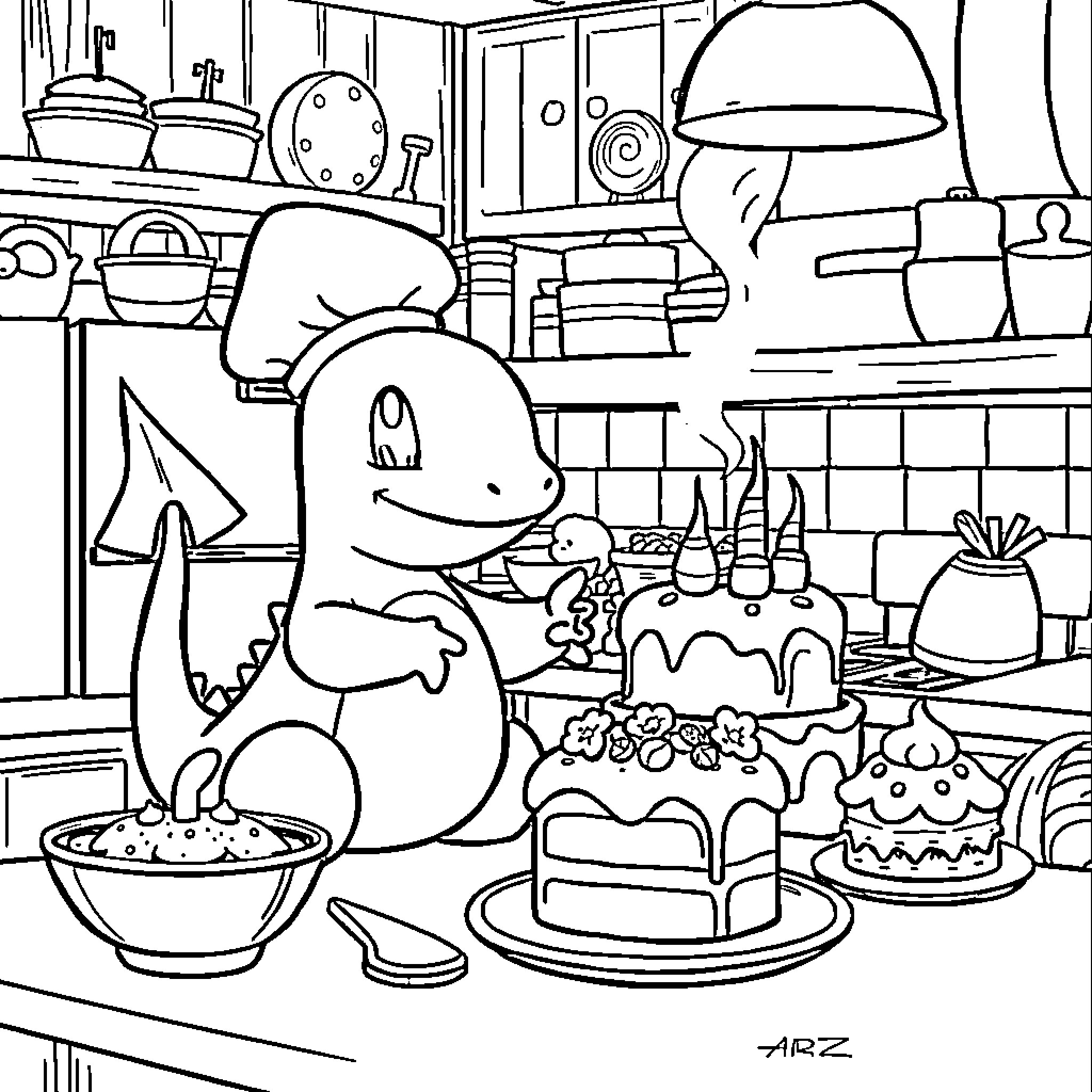 Charmander Enjoying a Delightful Baking Adventure Coloring Page (free black-and-white line drawing printable PDF for all, from beginners to advanced learners, including children, teens, adults, and seniors)