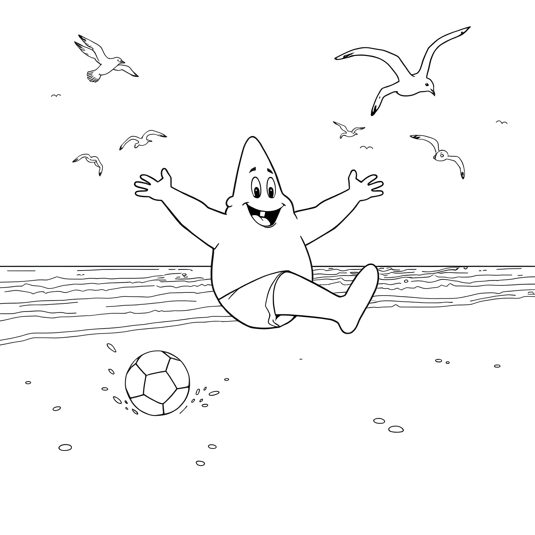 Patrick Star having fun at the beach Coloring Page (free black-and-white line drawing printable PDF for all, from beginners to advanced learners, including children, teens, adults, and seniors)