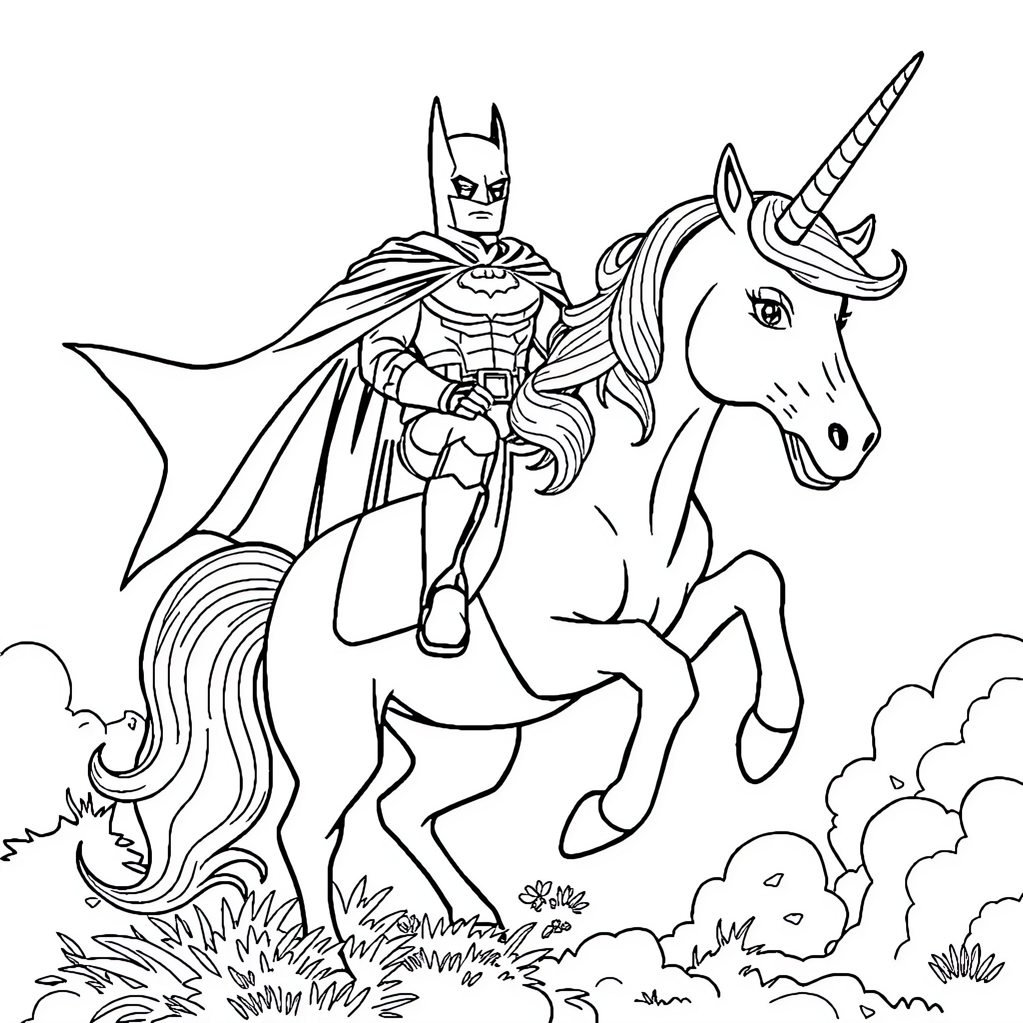 Batman riding a magical unicorn in a fantasy scene Coloring Page (free black-and-white line drawing printable PDF for all, from beginners to advanced learners, including children, teens, adults, and seniors)