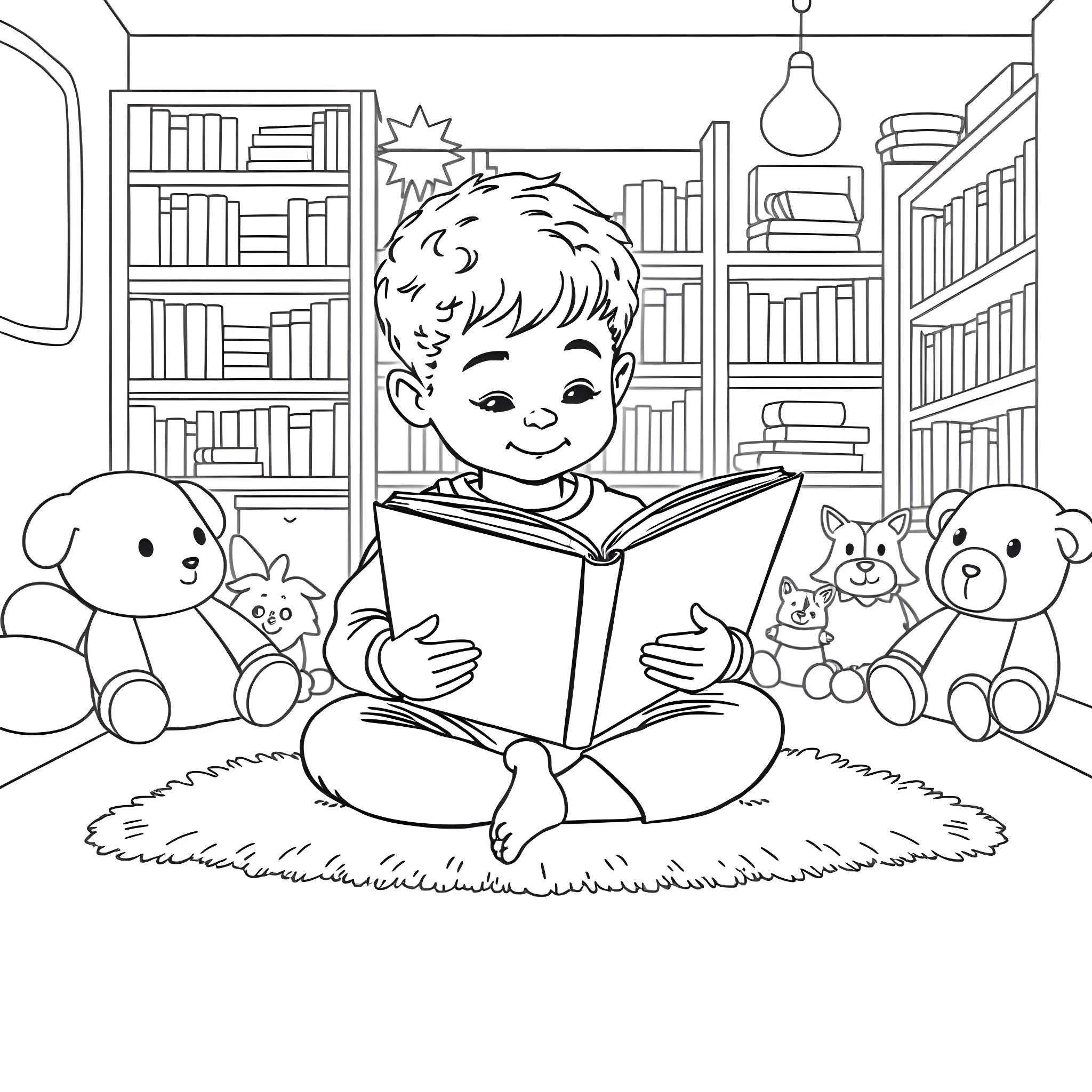 Child reading book in cozy library room Coloring Page (free black-and-white line drawing printable PDF for all, from beginners to advanced learners, including children, teens, adults, and seniors)