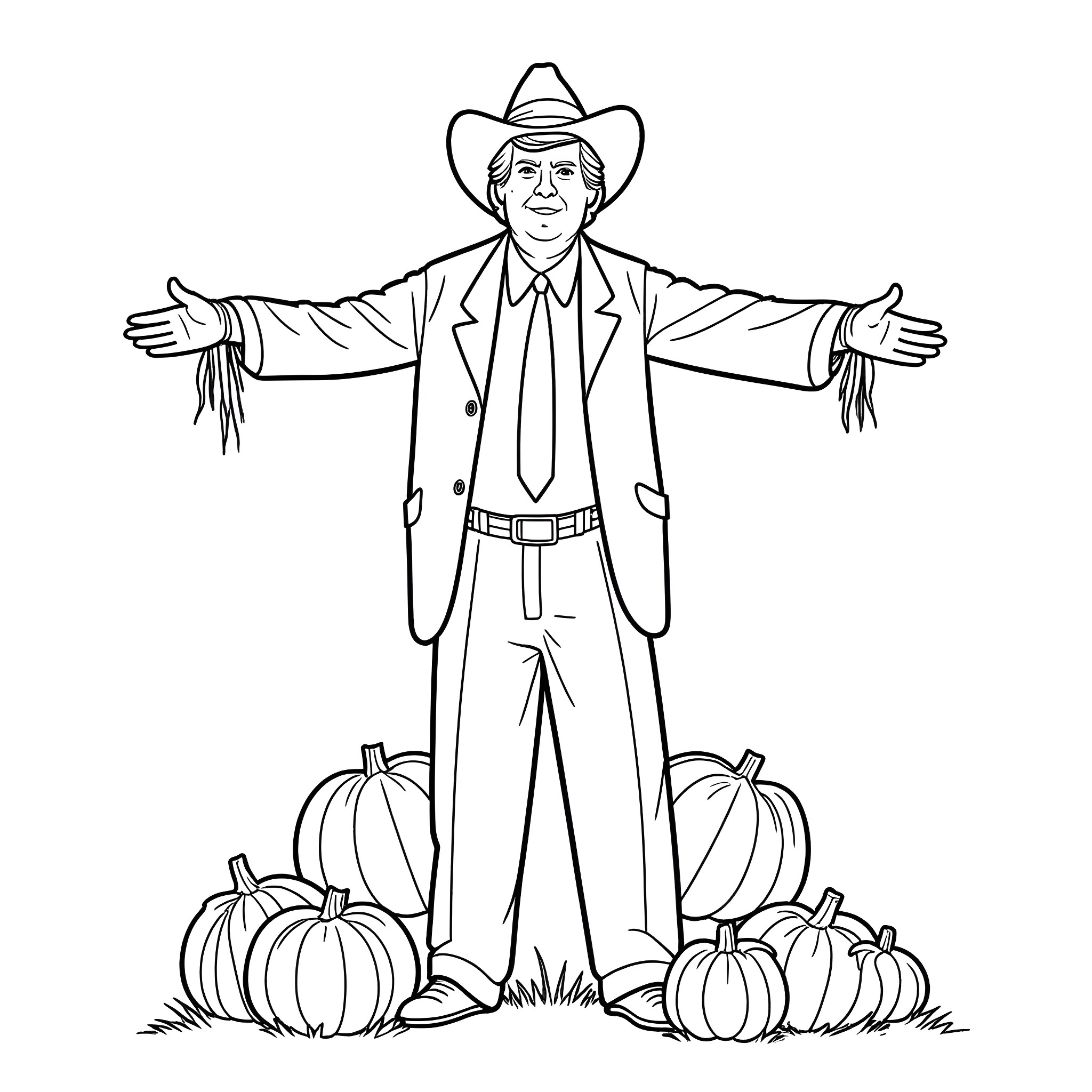 Donald Trump in cowboy outfit with pumpkins Coloring Page (free black-and-white line drawing printable PDF for all, from beginners to advanced learners, including children, teens, adults, and seniors)