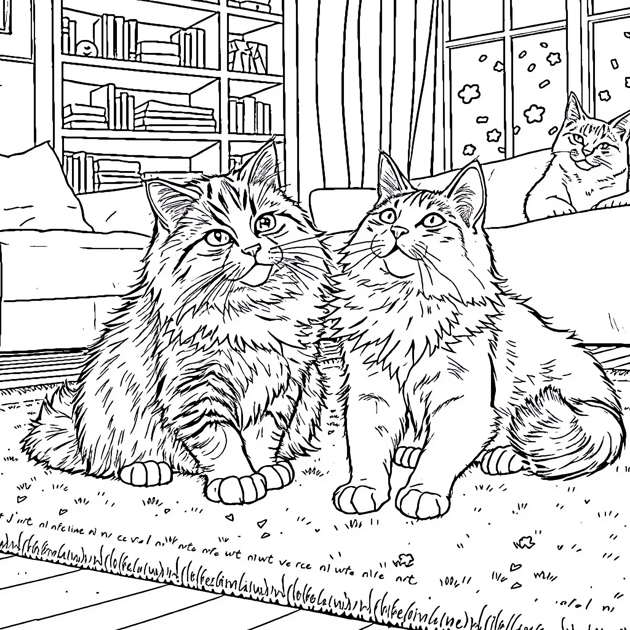 Cat companions relaxing in a cozy home Coloring Page (free black-and-white line drawing printable PDF for all, from beginners to advanced learners, including children, teens, adults, and seniors)