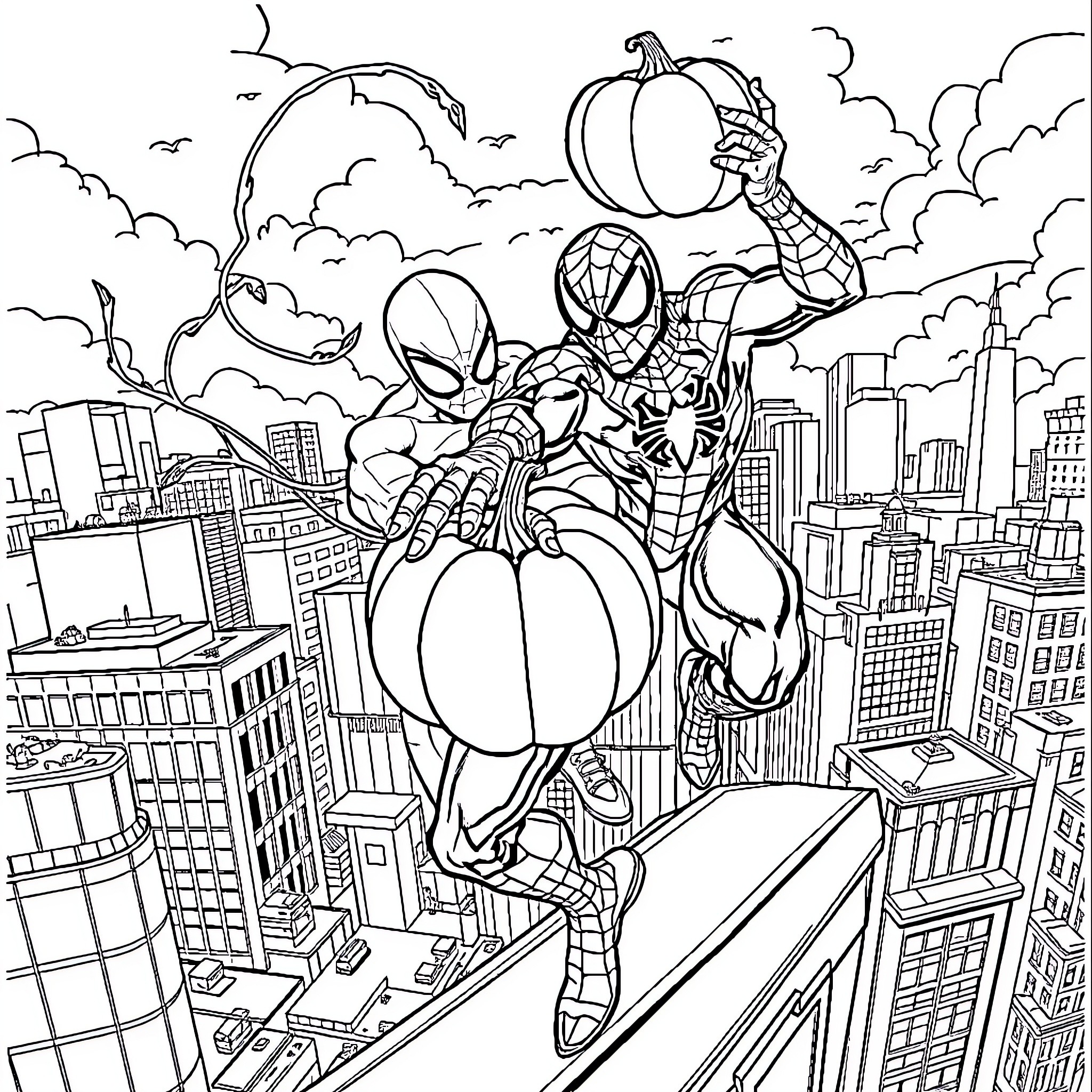 Green Goblin and Spider-Man in an epic showdown over the city Coloring Page (free black-and-white line drawing printable PDF for all, from beginners to advanced learners, including children, teens, adults, and seniors)