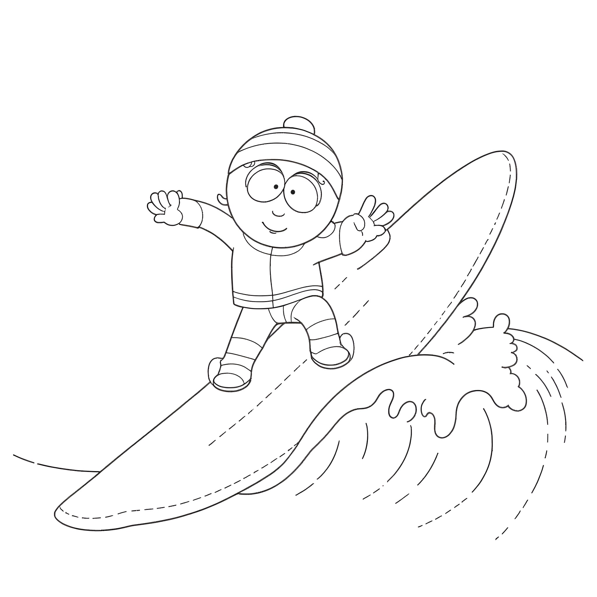 Kenny surfing the big wave Coloring Page (free black-and-white line drawing printable PDF for all, from beginners to advanced learners, including children, teens, adults, and seniors)