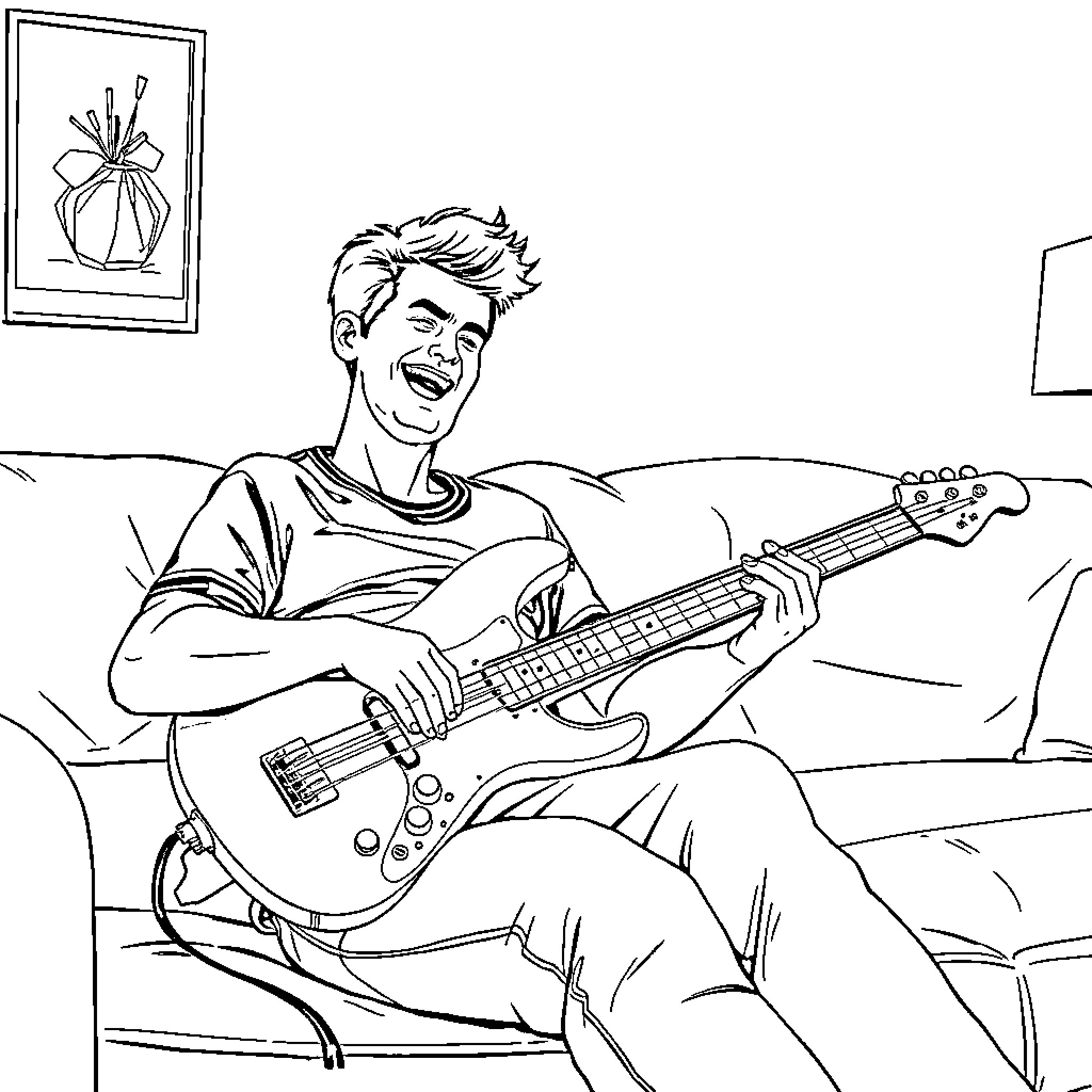 Boyfriend playing guitar excitedly in the living room Coloring Page (free black-and-white line drawing printable PDF for all, from beginners to advanced learners, including children, teens, adults, and seniors)
