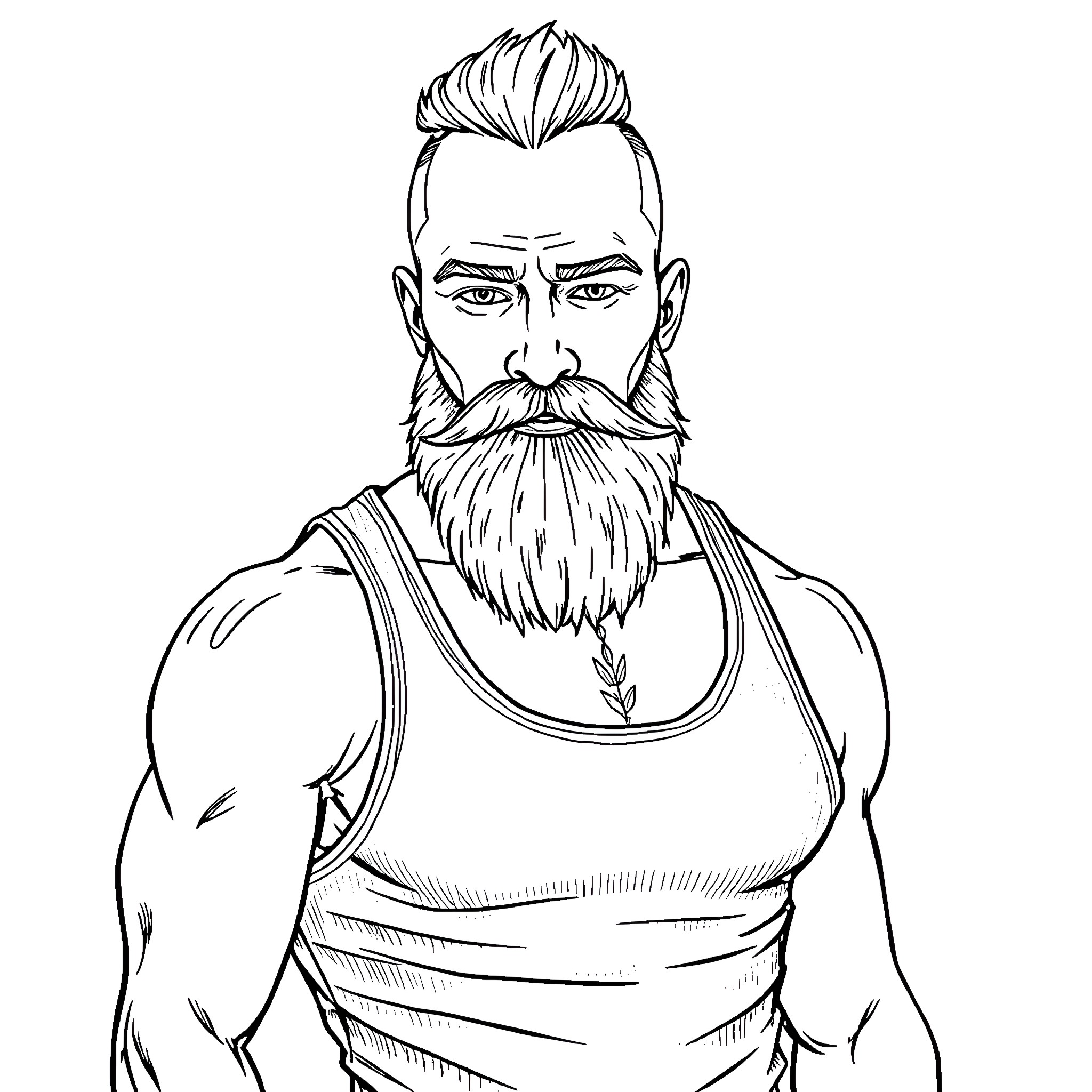 Man with Beard and Tattoos in Athletic Outfit Coloring Page (free black-and-white line drawing printable PDF for all, from beginners to advanced learners, including children, teens, adults, and seniors)