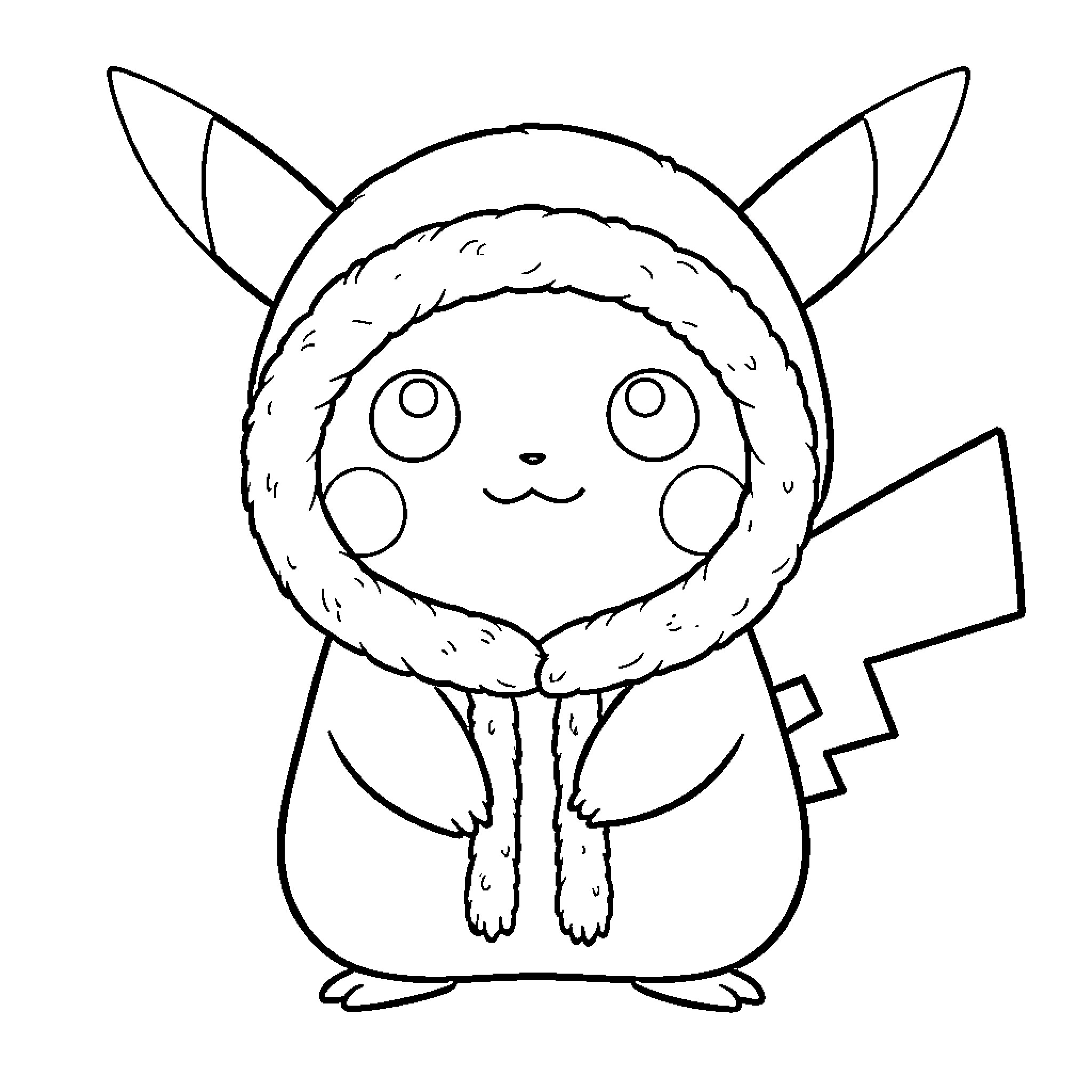 Pikachu in a cozy winter outfit Coloring Page (free black-and-white line drawing printable PDF for all, from beginners to advanced learners, including children, teens, adults, and seniors)