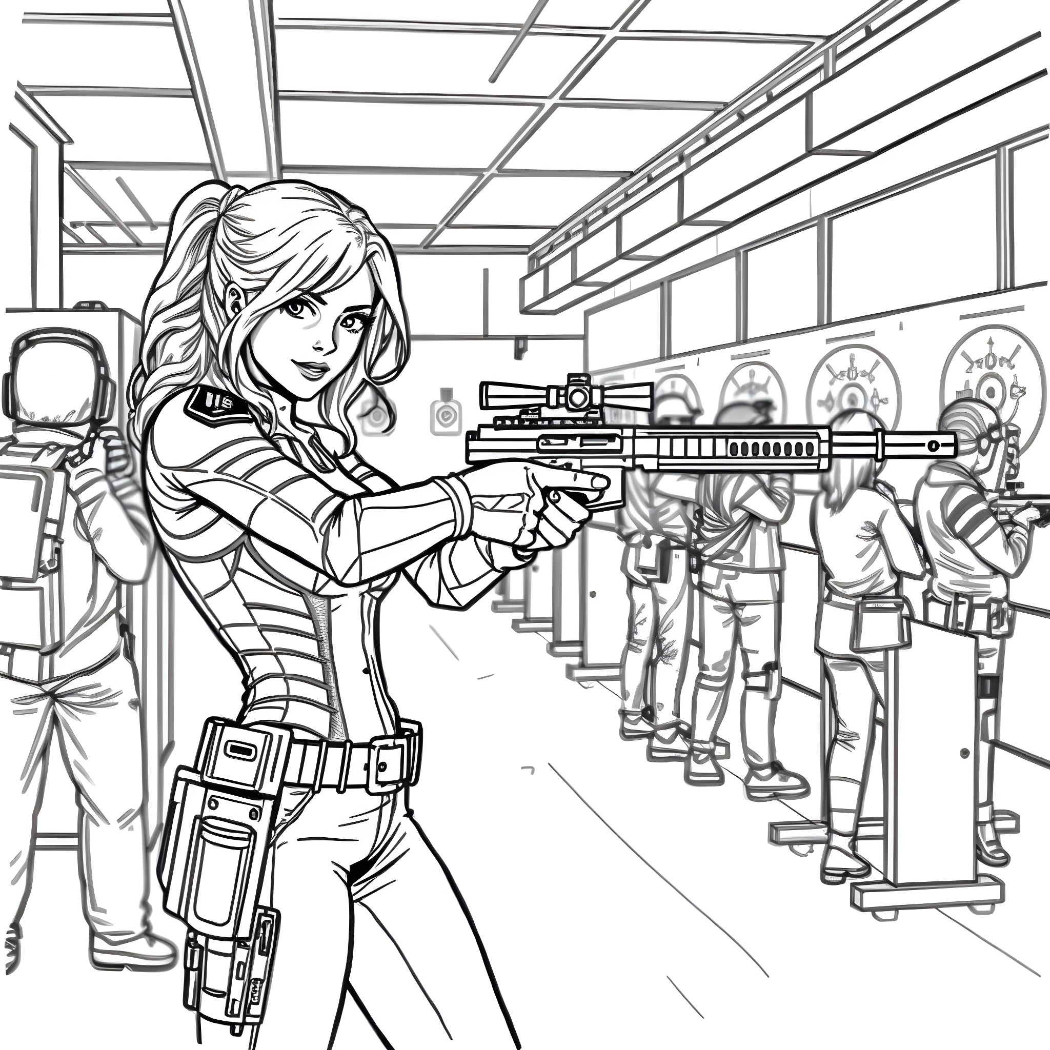Black Widow in heroic action at the firing range Coloring Page (free black-and-white line drawing printable PDF for all, from beginners to advanced learners, including children, teens, adults, and seniors)
