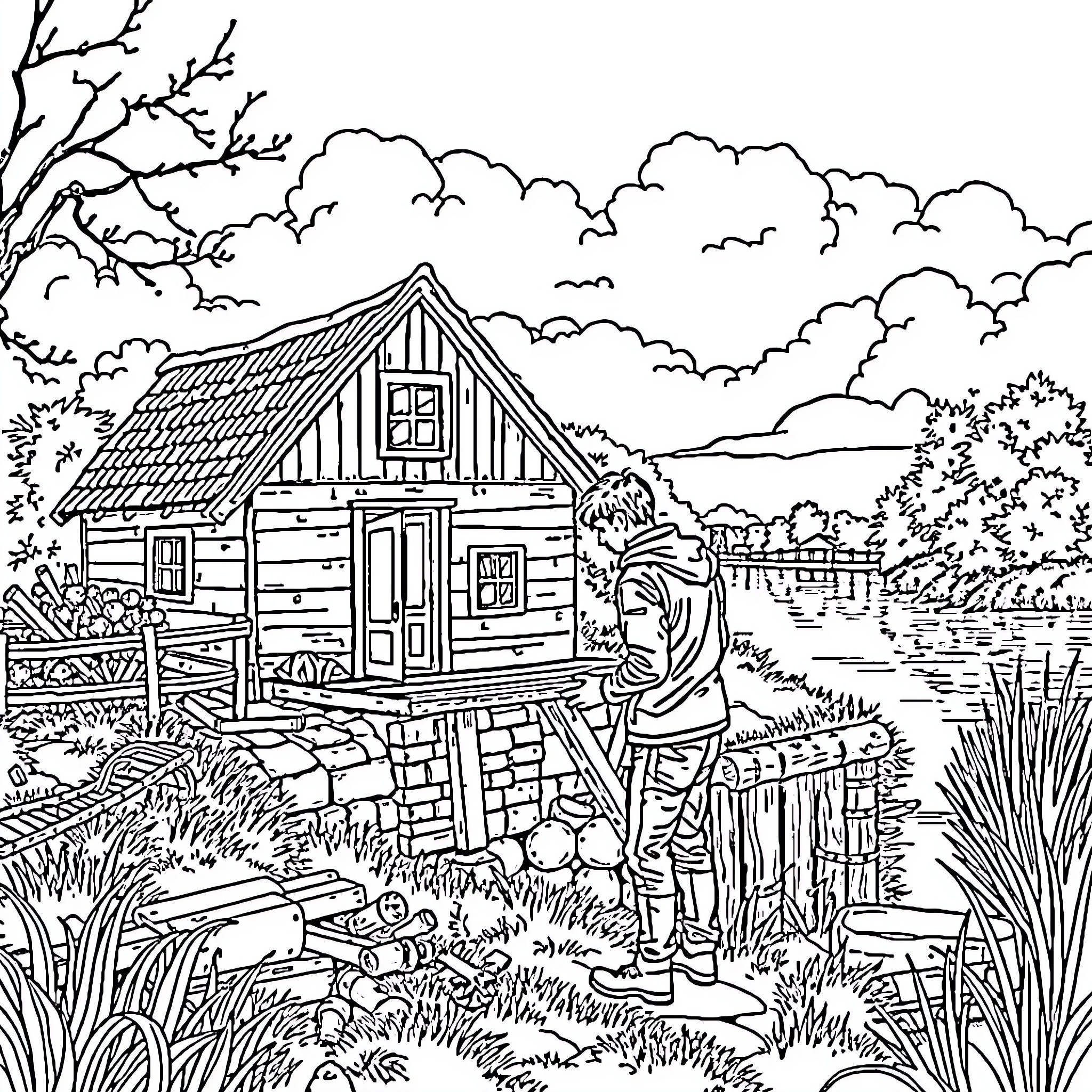 Couple exploring rustic countryside cabin Coloring Page (free black-and-white line drawing printable PDF for all, from beginners to advanced learners, including children, teens, adults, and seniors)