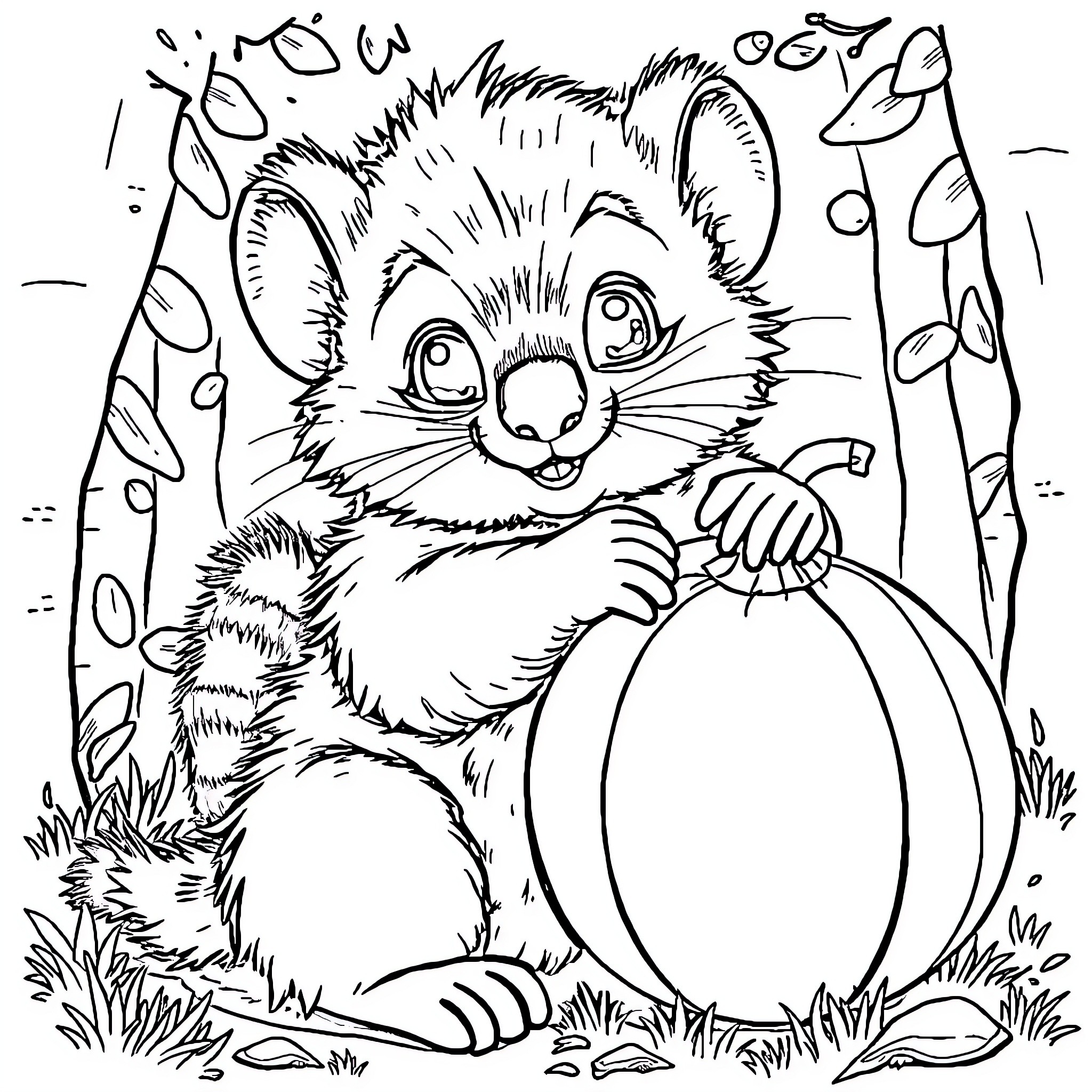 Baby Gorilla Playing with Ball in Nature Coloring Page (free black-and-white line drawing printable PDF for all, from beginners to advanced learners, including children, teens, adults, and seniors)