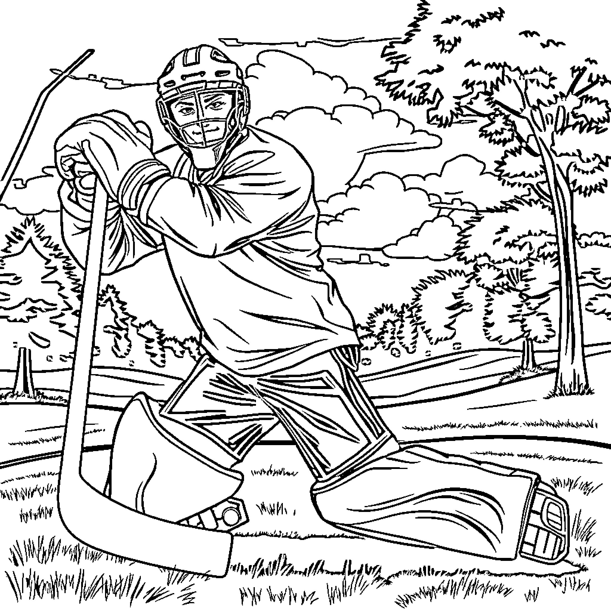 Hockey Goalie Making a Diving Save in the Outdoor Rink Coloring Page (free black-and-white line drawing printable PDF for all, from beginners to advanced learners, including children, teens, adults, and seniors)