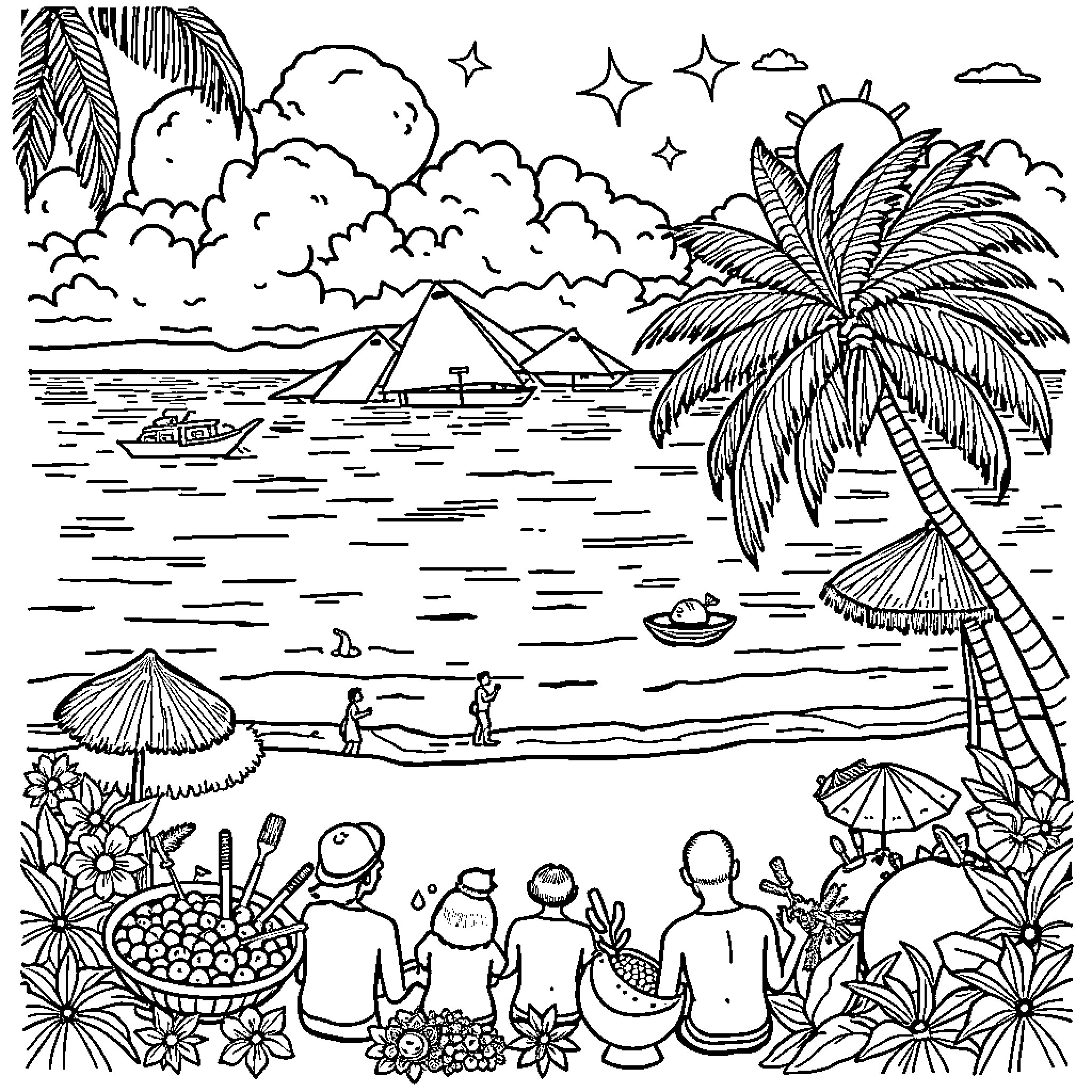 Philippines Tropical Beach Landscape with People Coloring Page (free black-and-white line drawing printable PDF for all, from beginners to advanced learners, including children, teens, adults, and seniors)