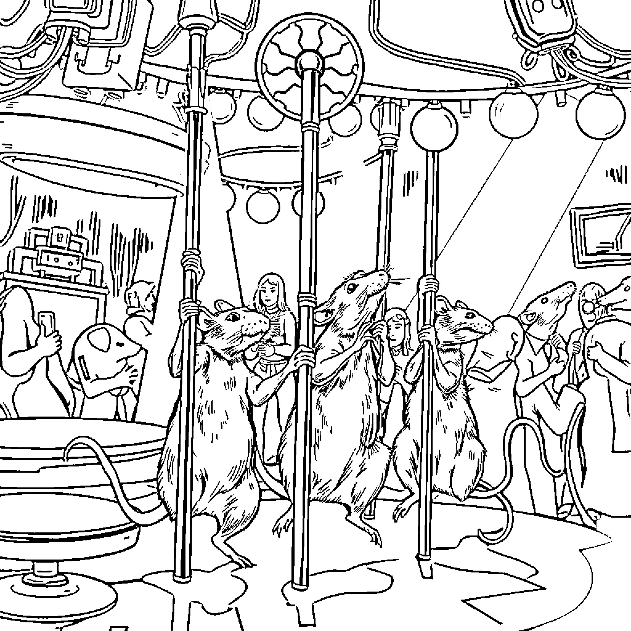 Rat performers in a whimsical circus Coloring Page (free black-and-white line drawing printable PDF for all, from beginners to advanced learners, including children, teens, adults, and seniors)