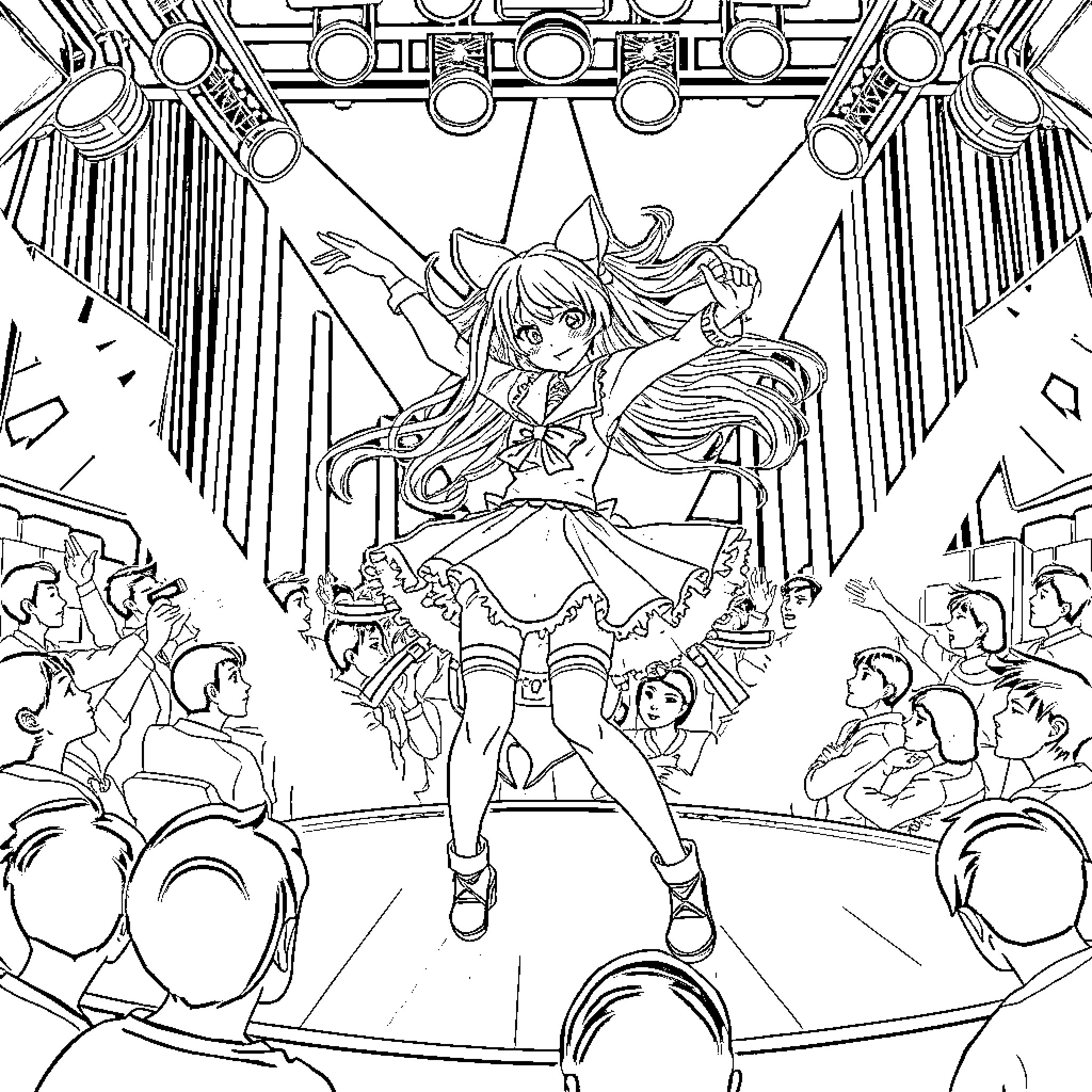 YuiMetal Performing On Stage With Audience Coloring Page (free black-and-white line drawing printable PDF for all, from beginners to advanced learners, including children, teens, adults, and seniors)