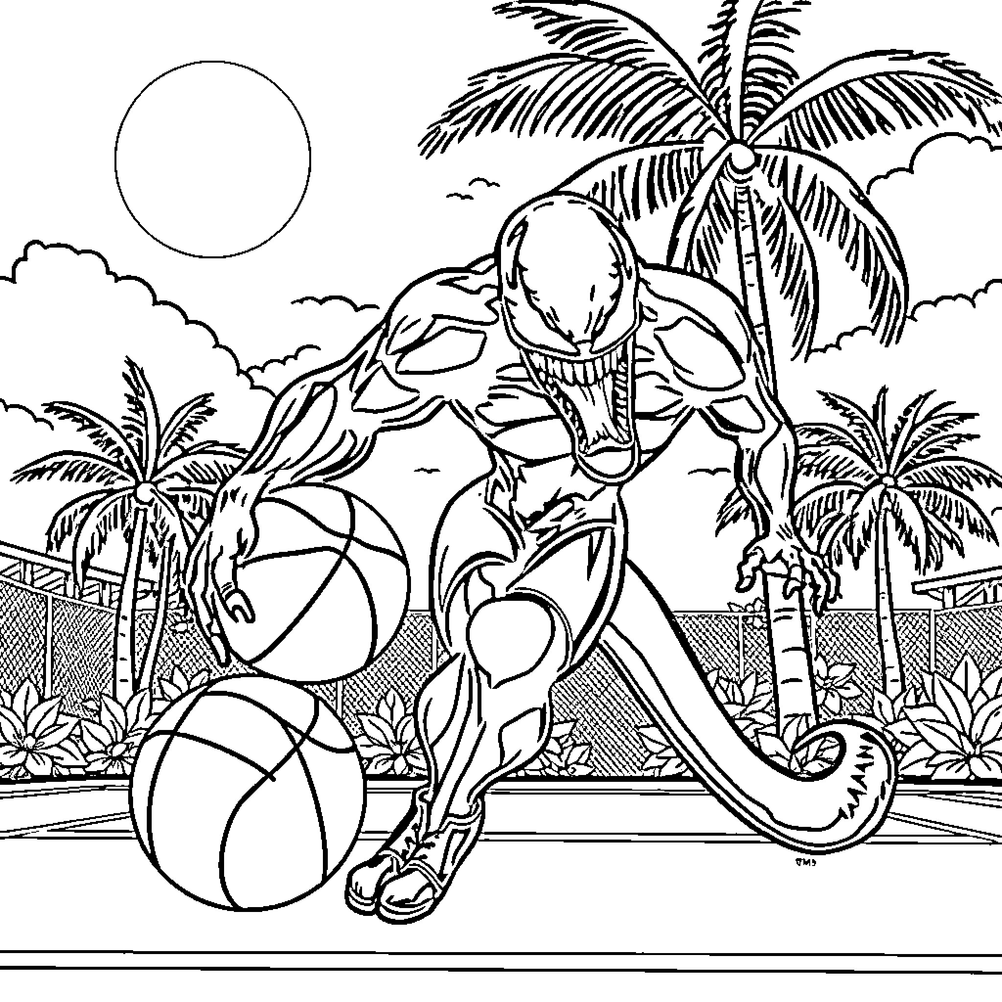 Venom basking in the tropical paradise Coloring Page (free black-and-white line drawing printable PDF for all, from beginners to advanced learners, including children, teens, adults, and seniors)