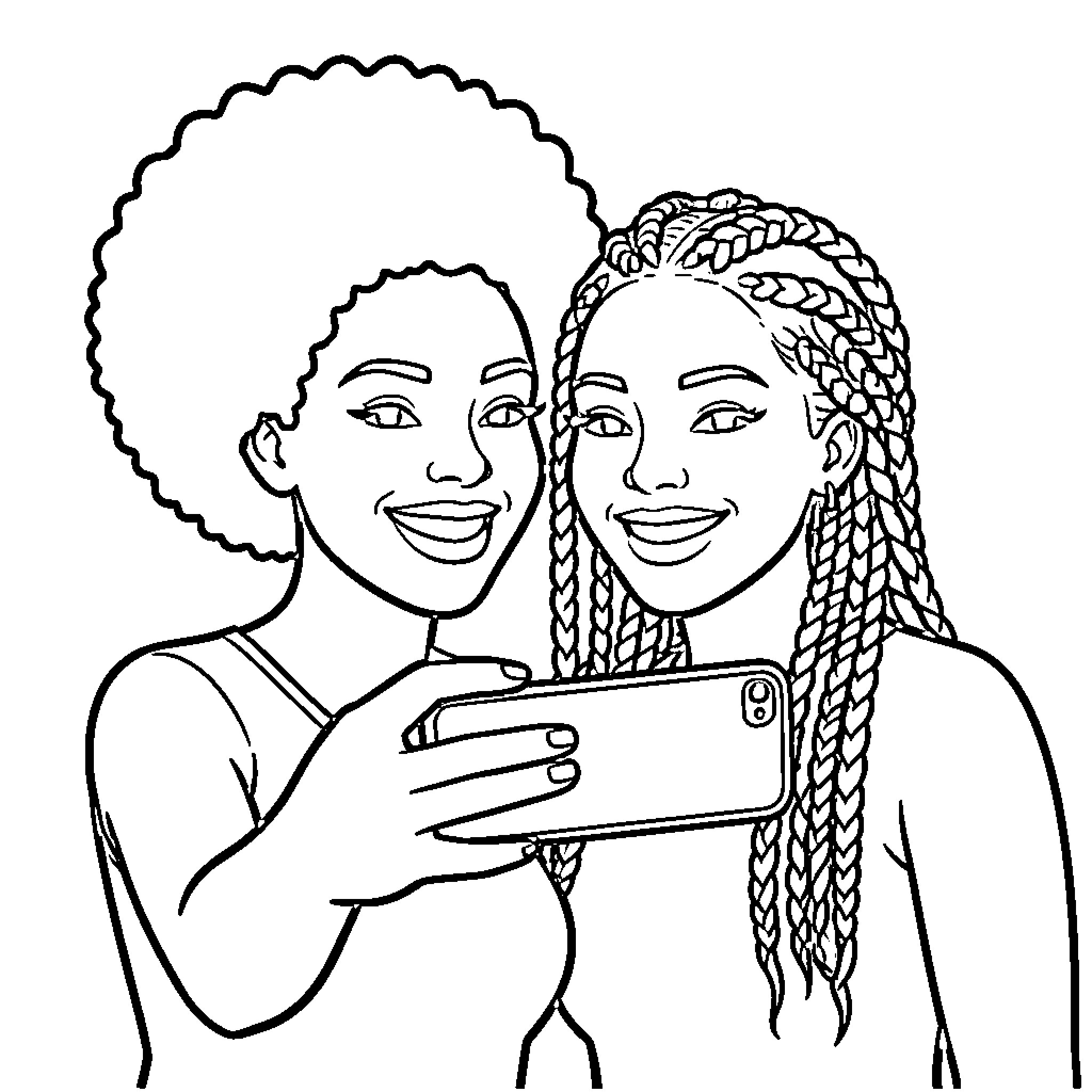Black Women Enjoying Selfie Together Coloring Page (free black-and-white line drawing printable PDF for all, from beginners to advanced learners, including children, teens, adults, and seniors)