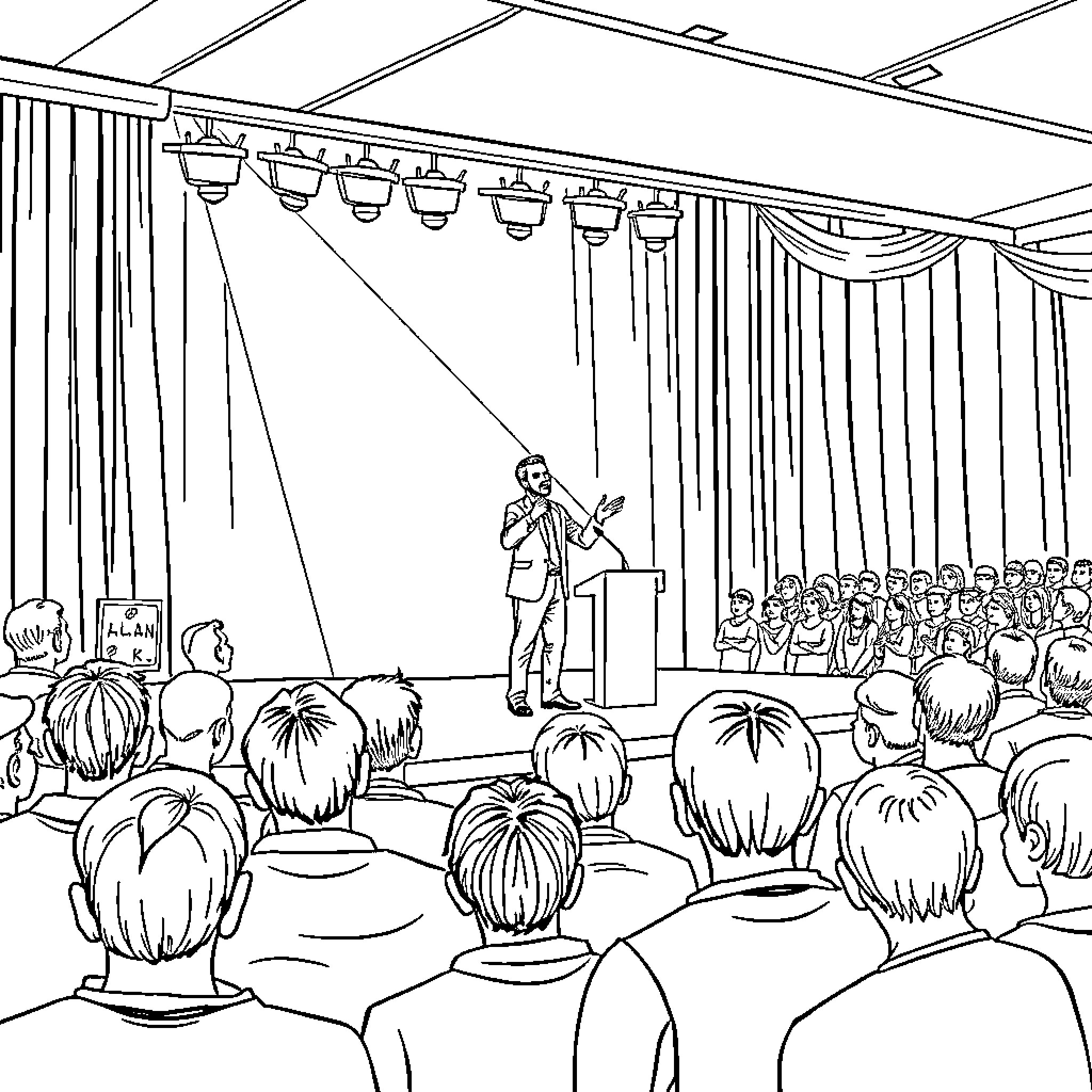 Man Giving Speech at Large Event Coloring Page (free black-and-white line drawing printable PDF for all, from beginners to advanced learners, including children, teens, adults, and seniors)