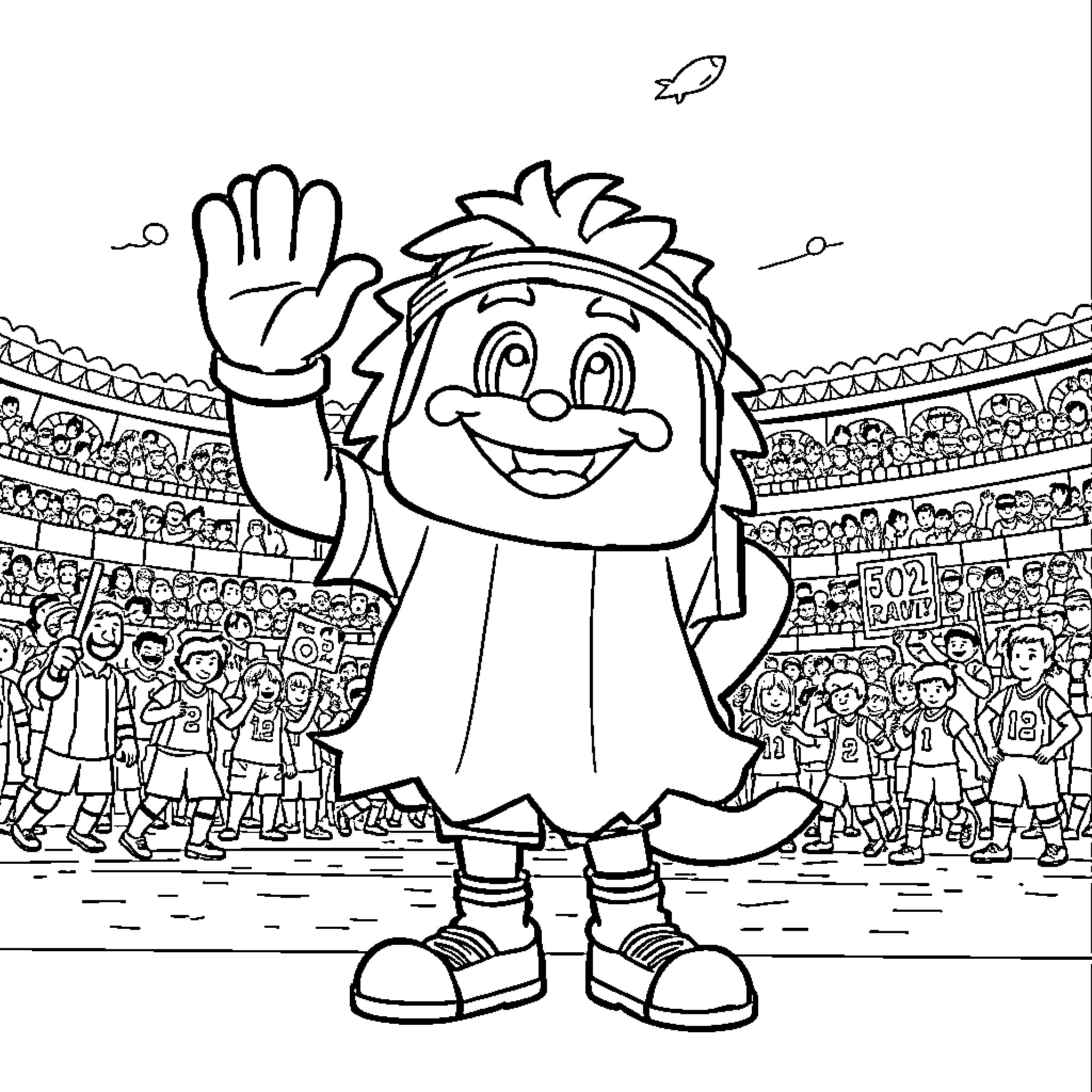 ChatGPT Character Waving in a Crowd Coloring Page (free black-and-white line drawing printable PDF for all, from beginners to advanced learners, including children, teens, adults, and seniors)