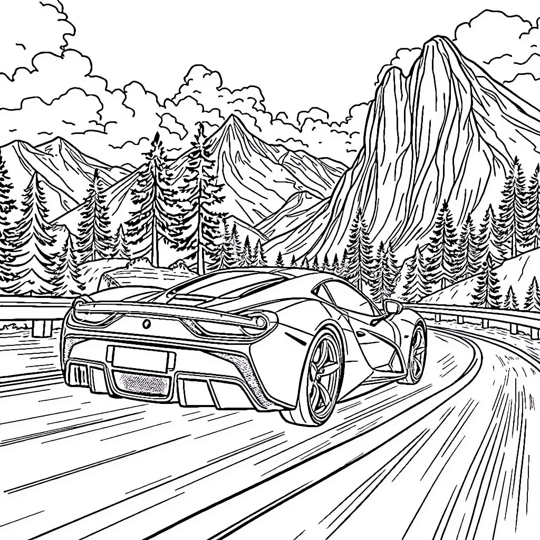 Car driving on mountain road through forest Coloring Page (free black-and-white line drawing printable PDF for all, from beginners to advanced learners, including children, teens, adults, and seniors)