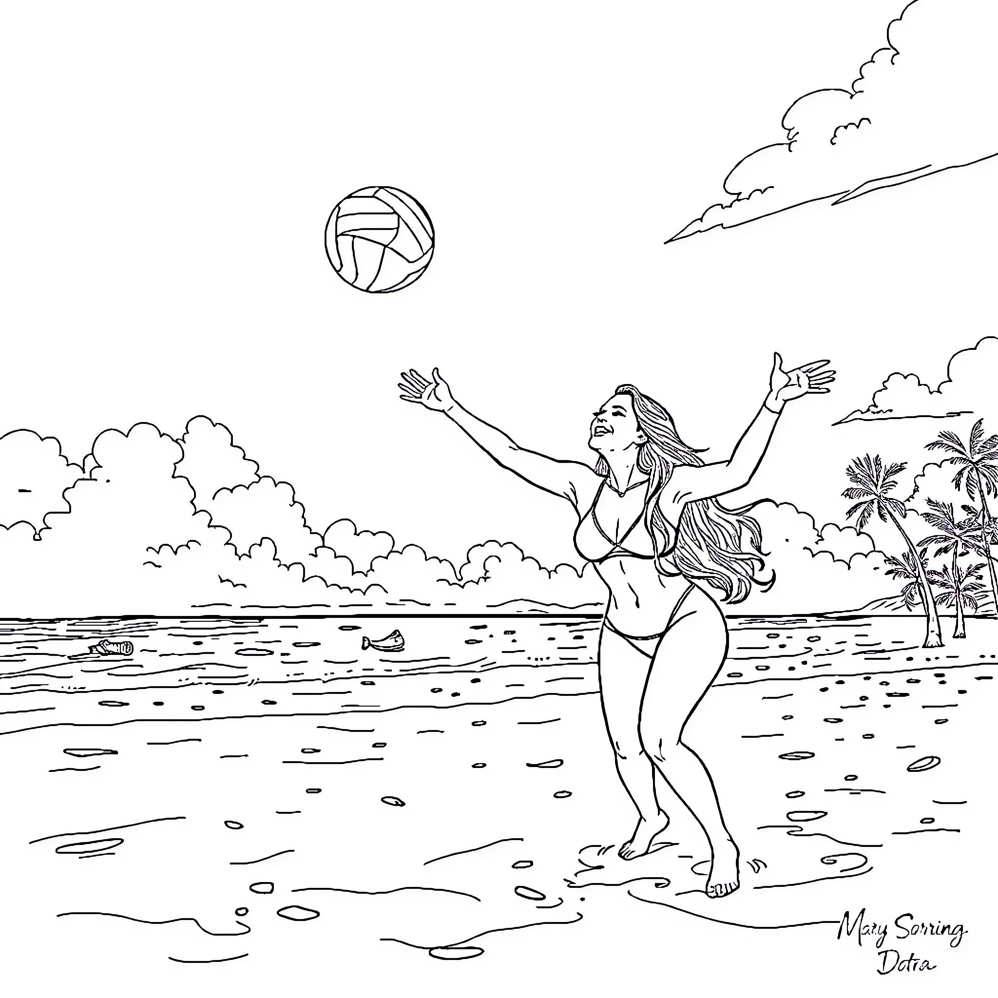 Mariah Carey enjoying a beach volleyball game Coloring Page (free black-and-white line drawing printable PDF for all, from beginners to advanced learners, including children, teens, adults, and seniors)