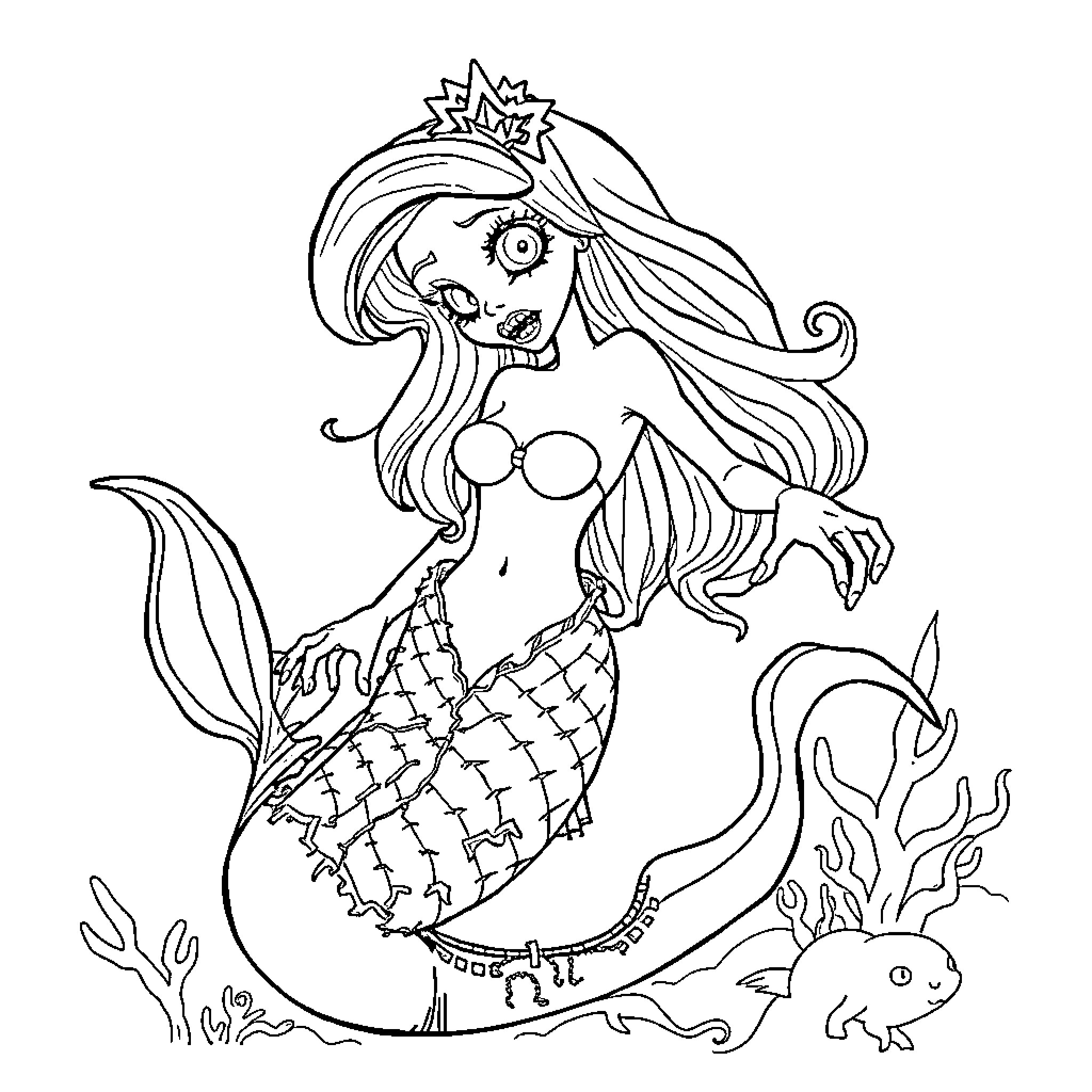 Disney Zombie Mermaid with Eyepatch Swims Amidst Underwater Creatures Coloring Page (free black-and-white line drawing printable PDF for all, from beginners to advanced learners, including children, teens, adults, and seniors)
