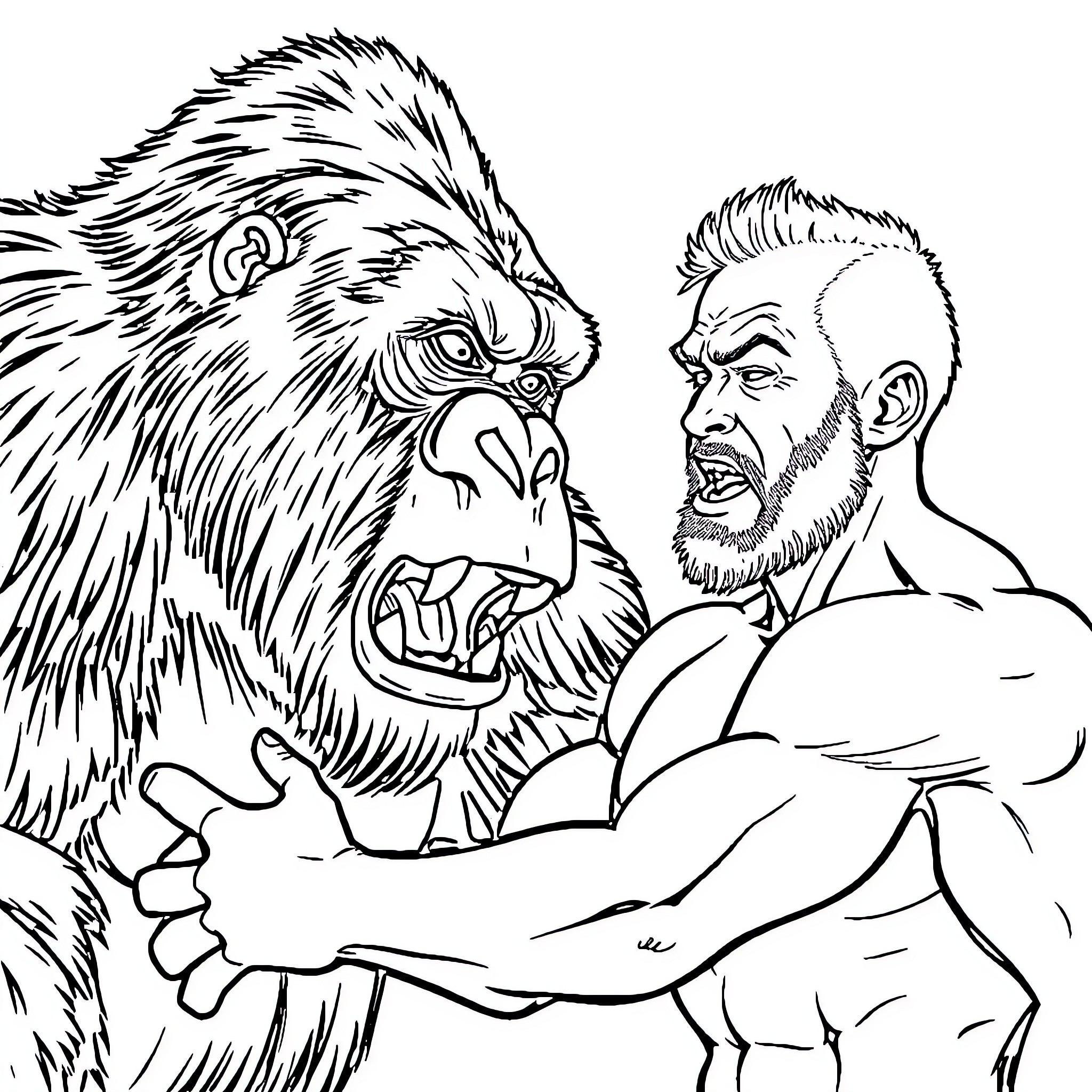 Man Grappling with a Fierce Gorilla Coloring Page (free black-and-white line drawing printable PDF for all, from beginners to advanced learners, including children, teens, adults, and seniors)