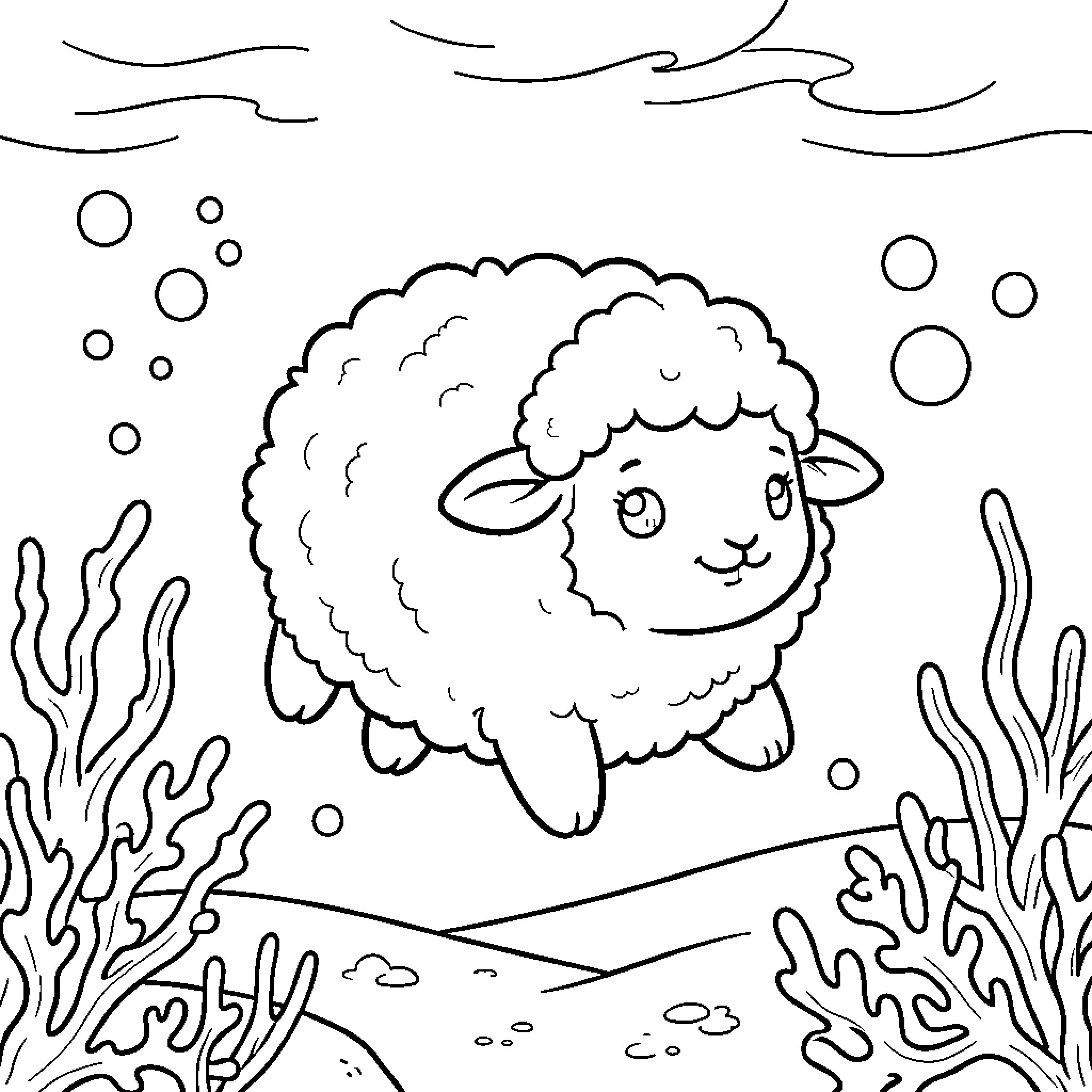 Sea Sheep swimming happily among the coral reefs Coloring Page (free black-and-white line drawing printable PDF for all, from beginners to advanced learners, including children, teens, adults, and seniors)