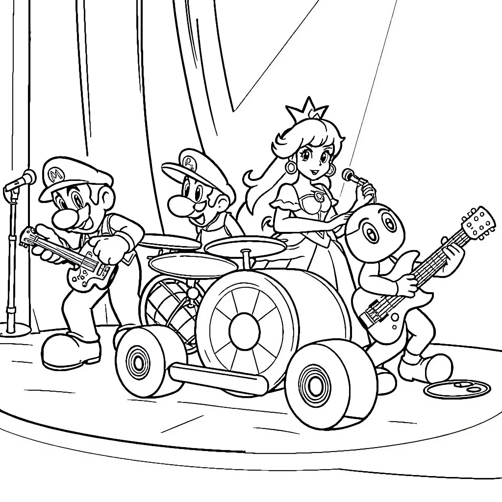 Mario Kart characters performing on a stage Coloring Page (free black-and-white line drawing printable PDF for all, from beginners to advanced learners, including children, teens, adults, and seniors)