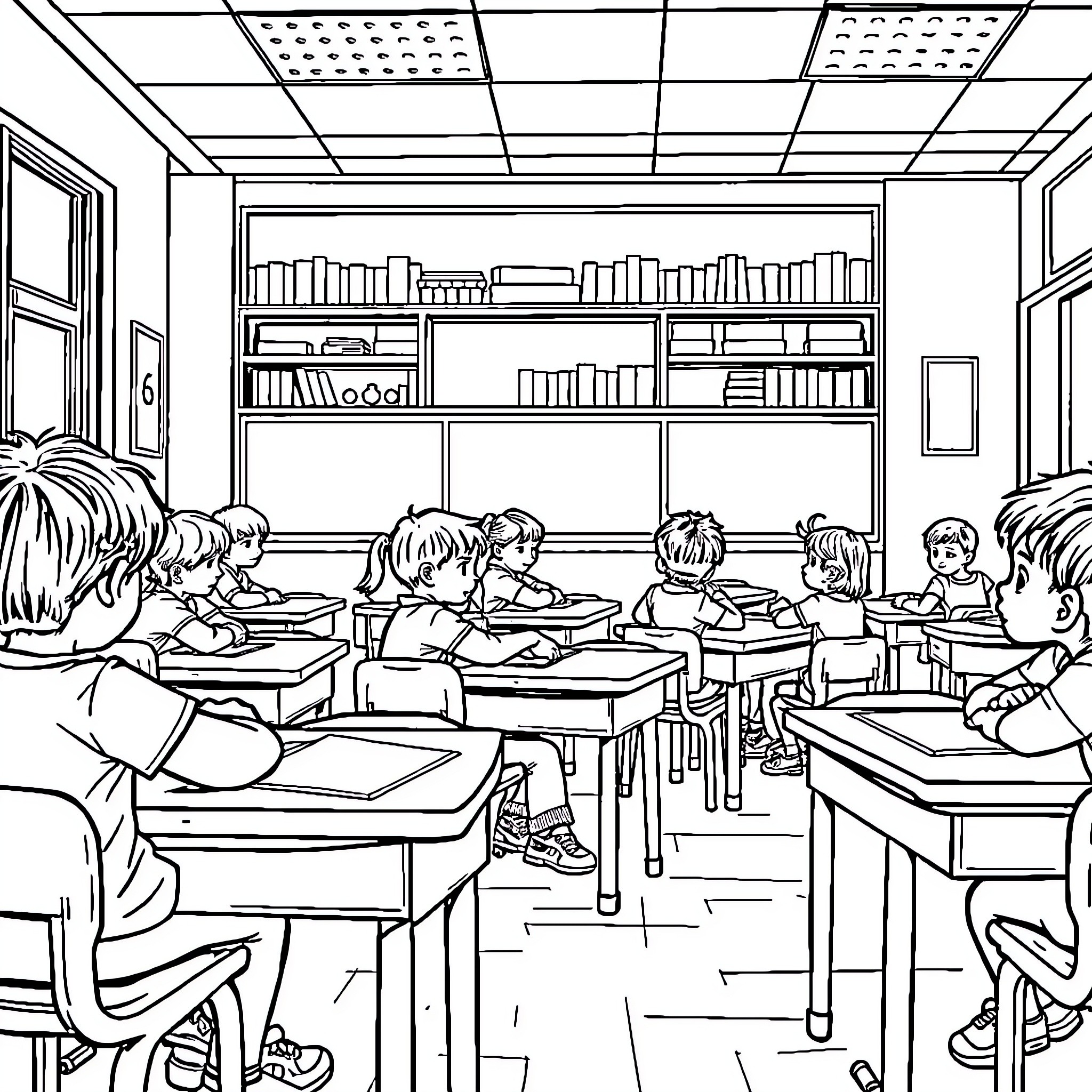 Kid's classroom scene with students at desks Coloring Page (free black-and-white line drawing printable PDF for all, from beginners to advanced learners, including children, teens, adults, and seniors)