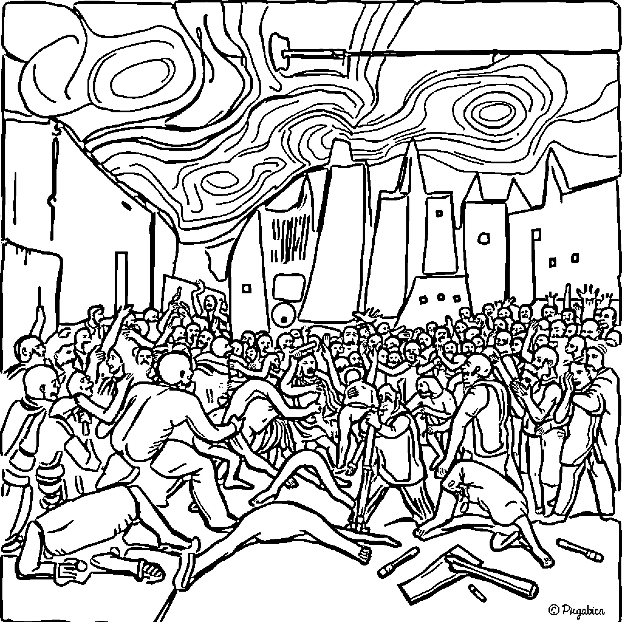 Guernica: Chaos and Destruction in the City Coloring Page (free black-and-white line drawing printable PDF for all, from beginners to advanced learners, including children, teens, adults, and seniors)