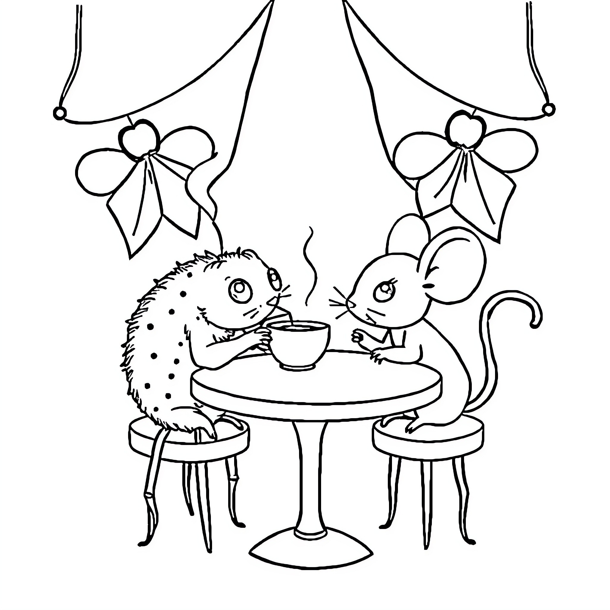 Spider-like creatures having tea in cozy scene Coloring Page (free black-and-white line drawing printable PDF for all, from beginners to advanced learners, including children, teens, adults, and seniors)