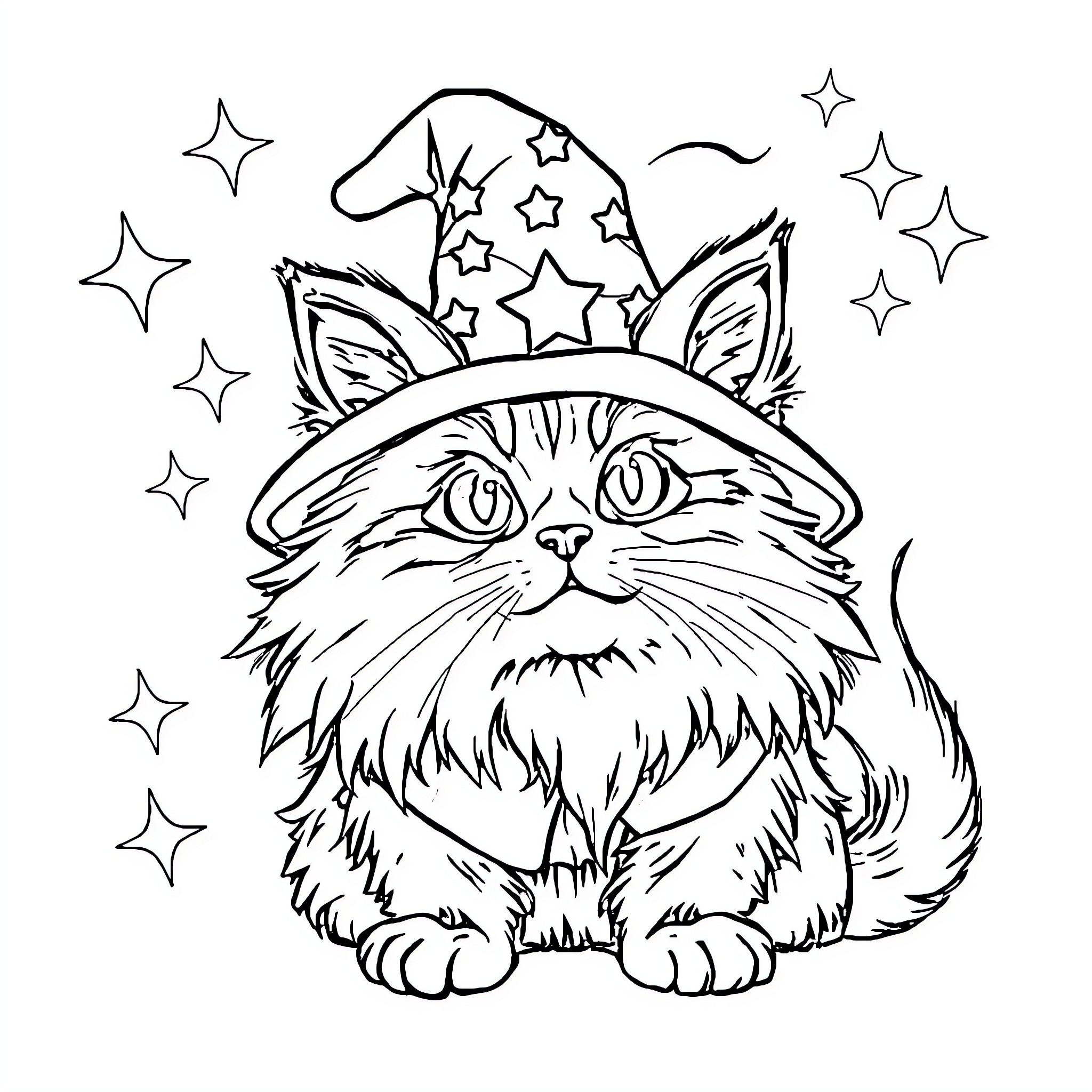 Cat in wizard hat surrounded by stars Coloring Page (free black-and-white line drawing printable PDF for all, from beginners to advanced learners, including children, teens, adults, and seniors)