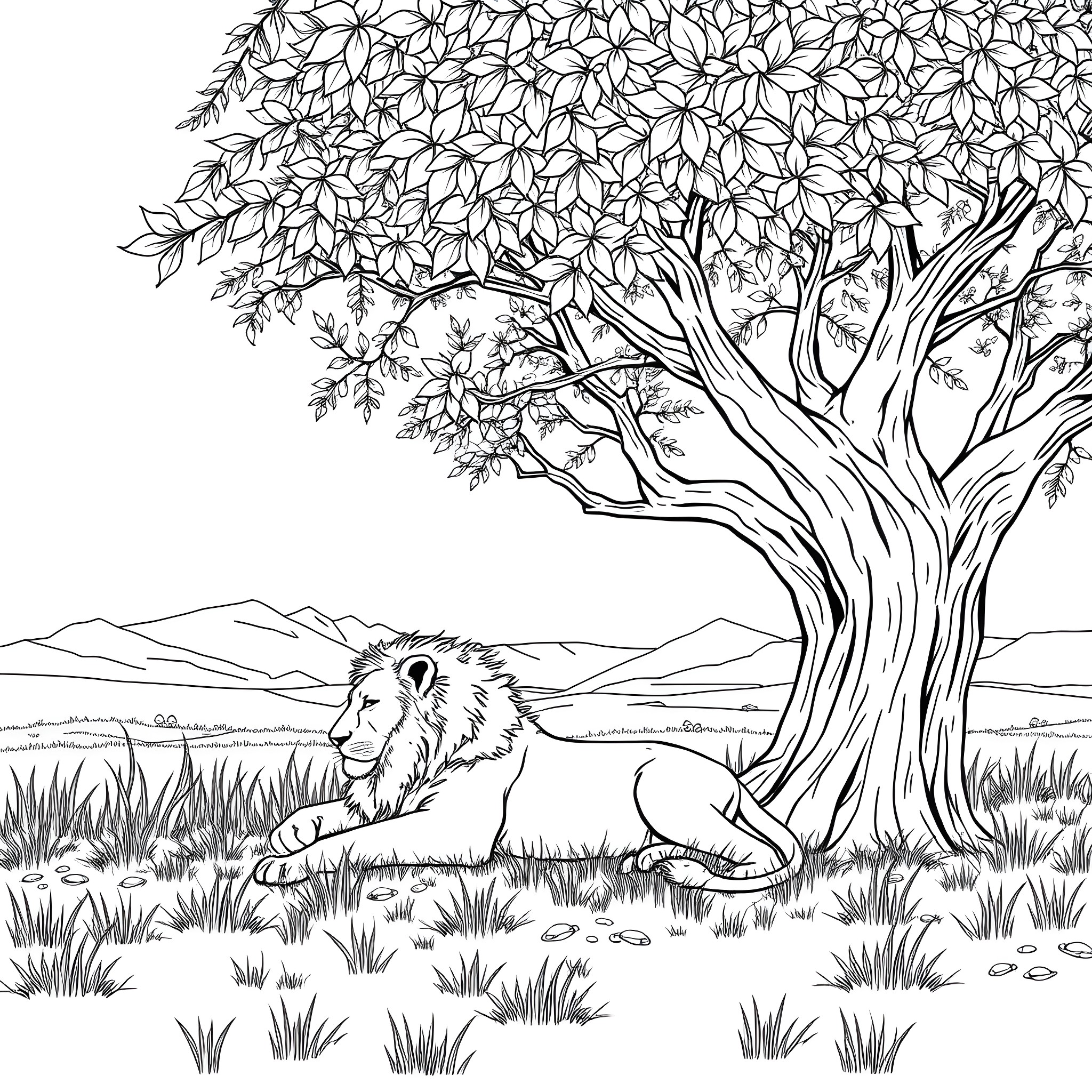 Lion resting beneath a flourishing tree Coloring Page (free black-and-white line drawing printable PDF for all, from beginners to advanced learners, including children, teens, adults, and seniors)