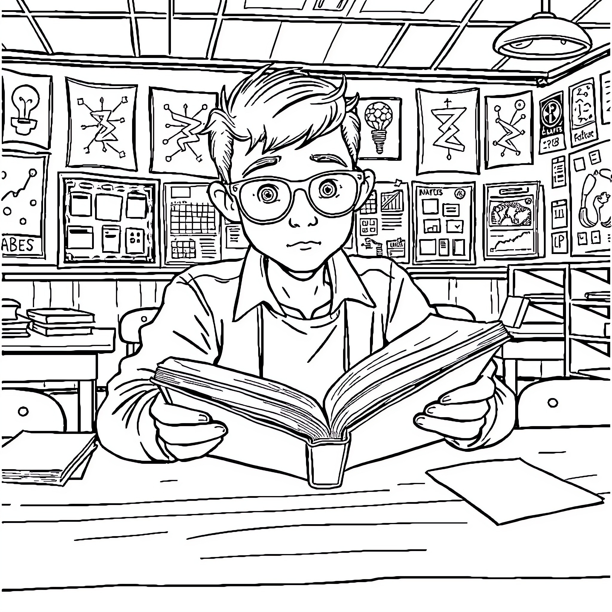 Nerd reading intently in a classroom Coloring Page (free black-and-white line drawing printable PDF for all, from beginners to advanced learners, including children, teens, adults, and seniors)