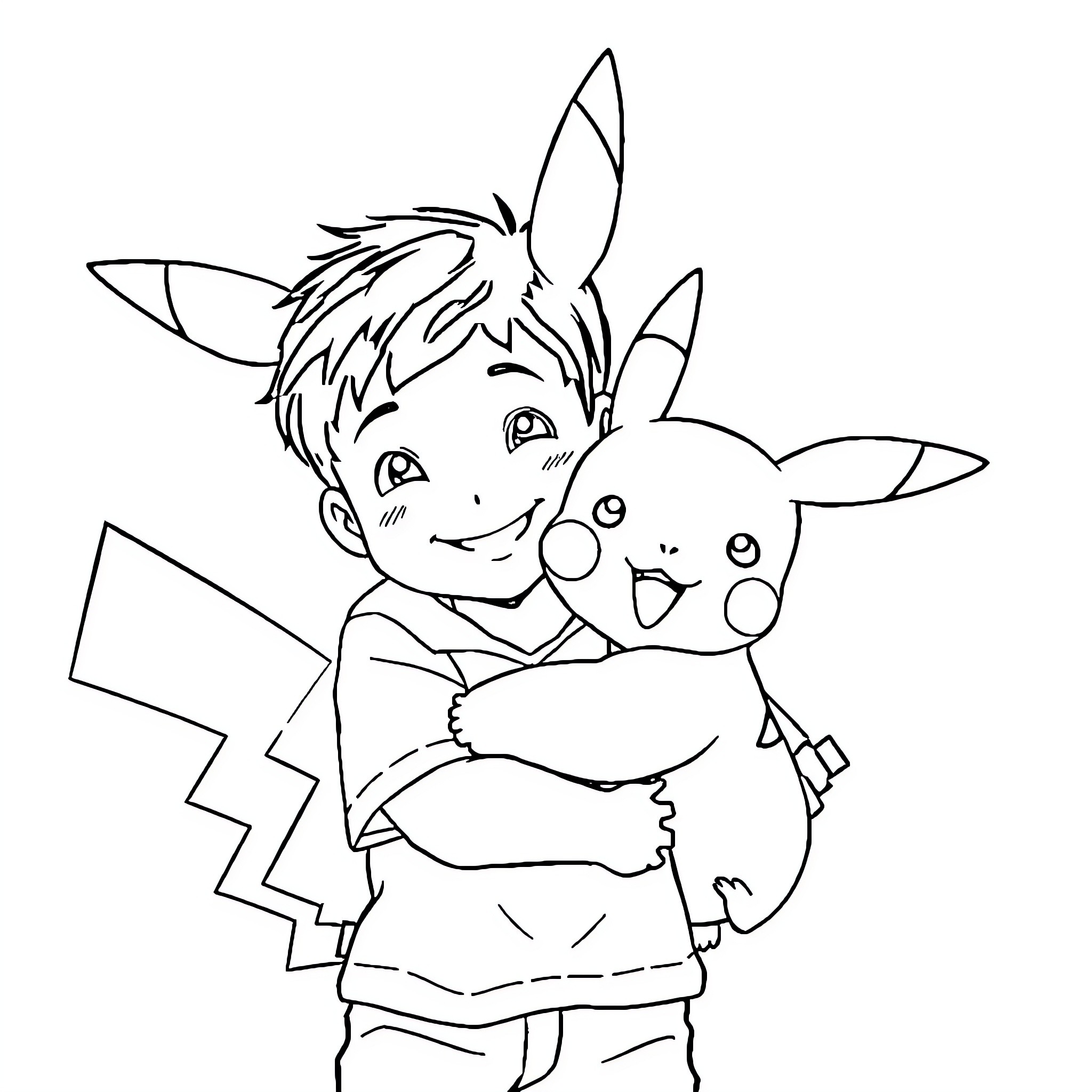 Pikachu and Child Embrace Affectionately Coloring Page (free black-and-white line drawing printable PDF for all, from beginners to advanced learners, including children, teens, adults, and seniors)