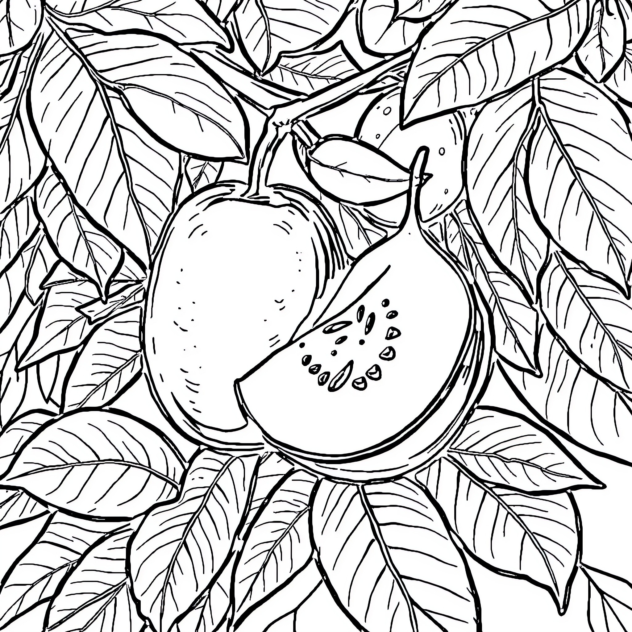 Orange Delight in Lush Foliage Coloring Page (free black-and-white line drawing printable PDF for all, from beginners to advanced learners, including children, teens, adults, and seniors)