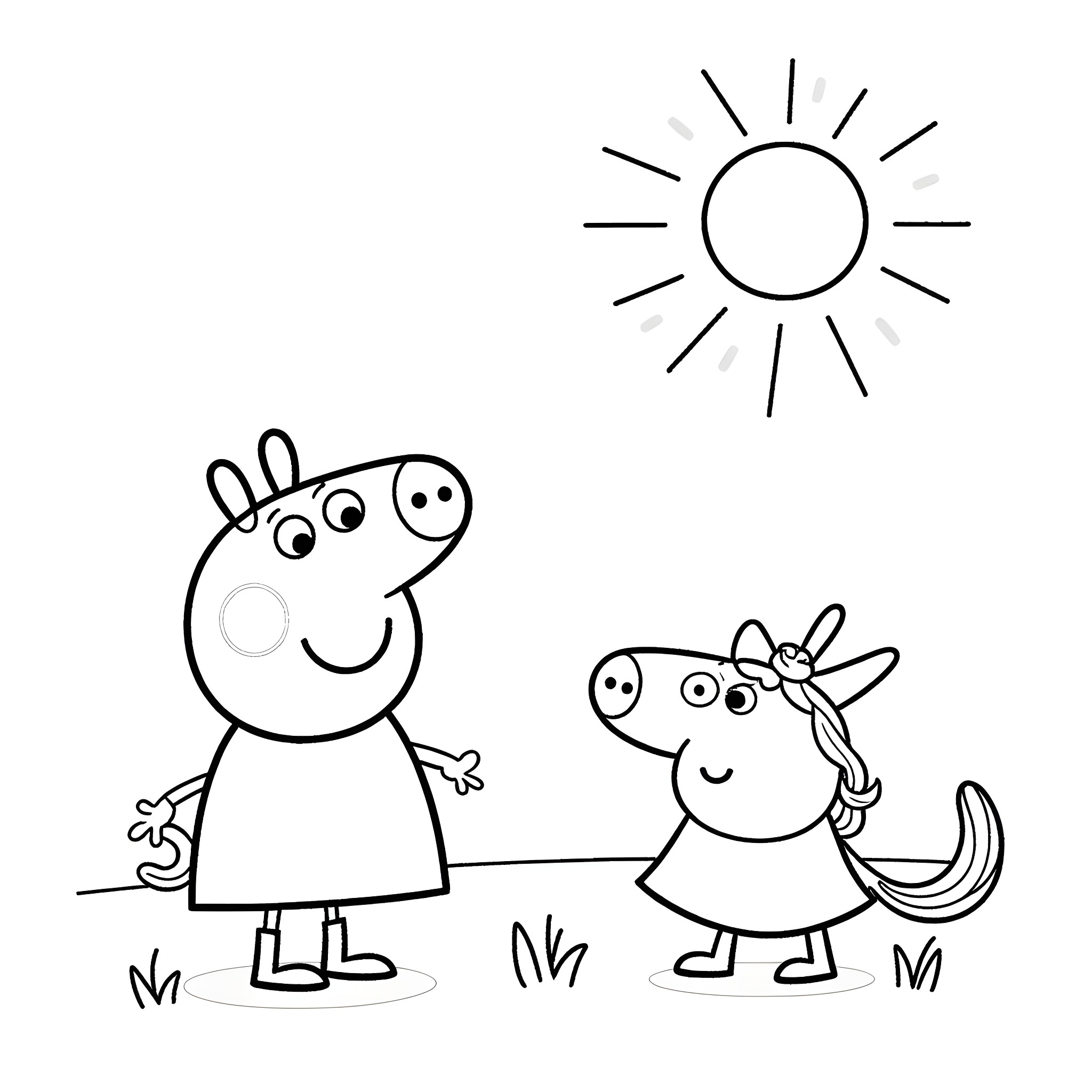 Peppa Pig and her friend enjoying a sunny day Coloring Page (free black-and-white line drawing printable PDF for all, from beginners to advanced learners, including children, teens, adults, and seniors)