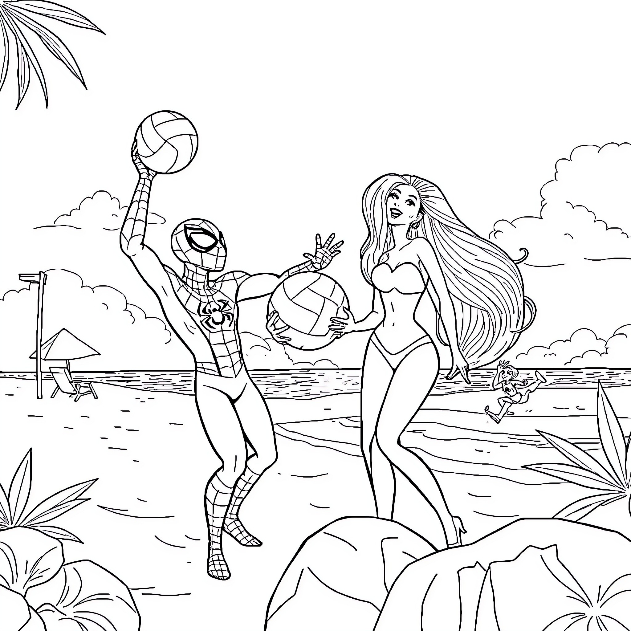 Spider-Man playing volleyball with a mermaid on the beach Coloring Page (free black-and-white line drawing printable PDF for all, from beginners to advanced learners, including children, teens, adults, and seniors)