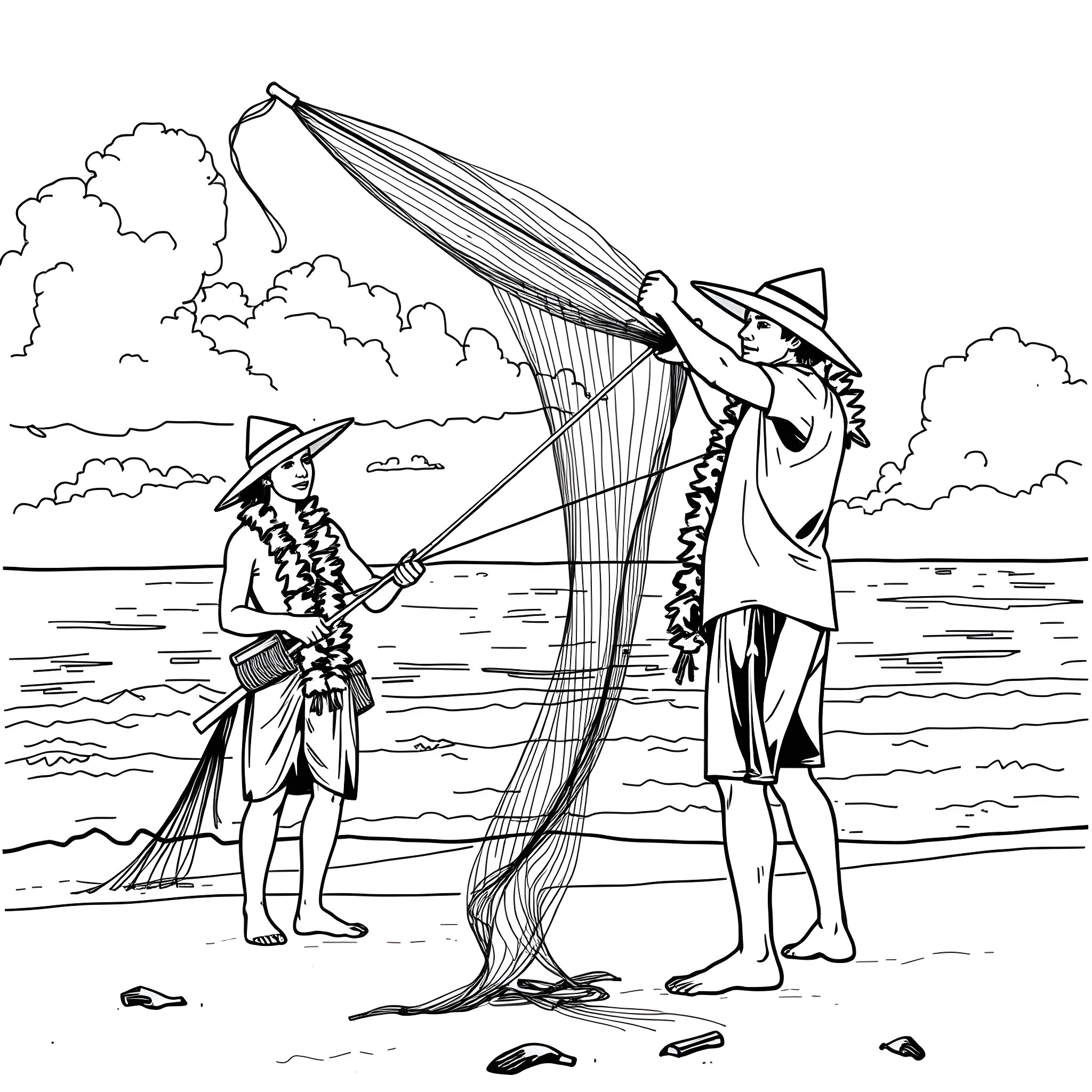 Hawaiian fishermen casting nets on the beach Coloring Page (free black-and-white line drawing printable PDF for all, from beginners to advanced learners, including children, teens, adults, and seniors)