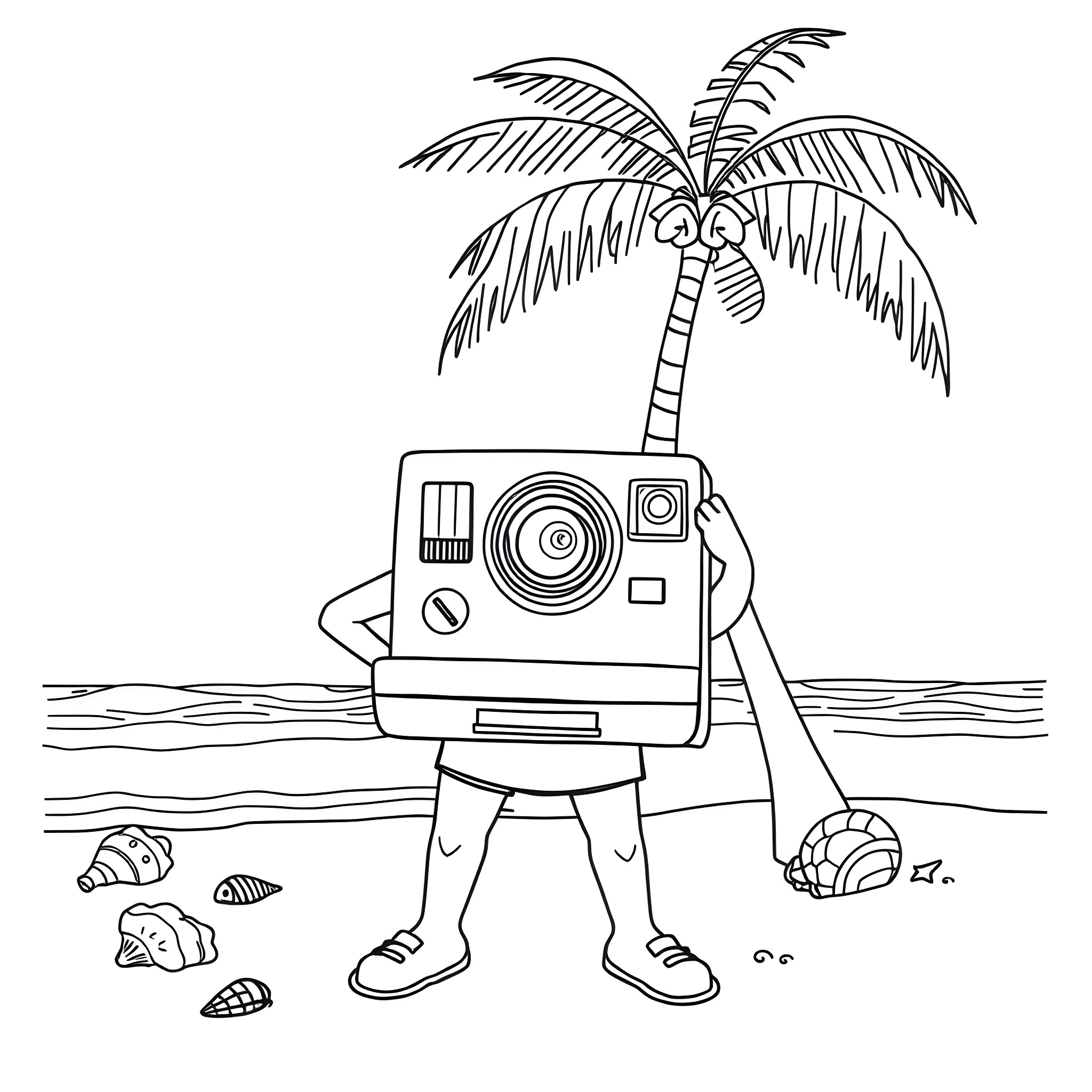 Polaroid Camera exploring a tropical beach Coloring Page (free black-and-white line drawing printable PDF for all, from beginners to advanced learners, including children, teens, adults, and seniors)