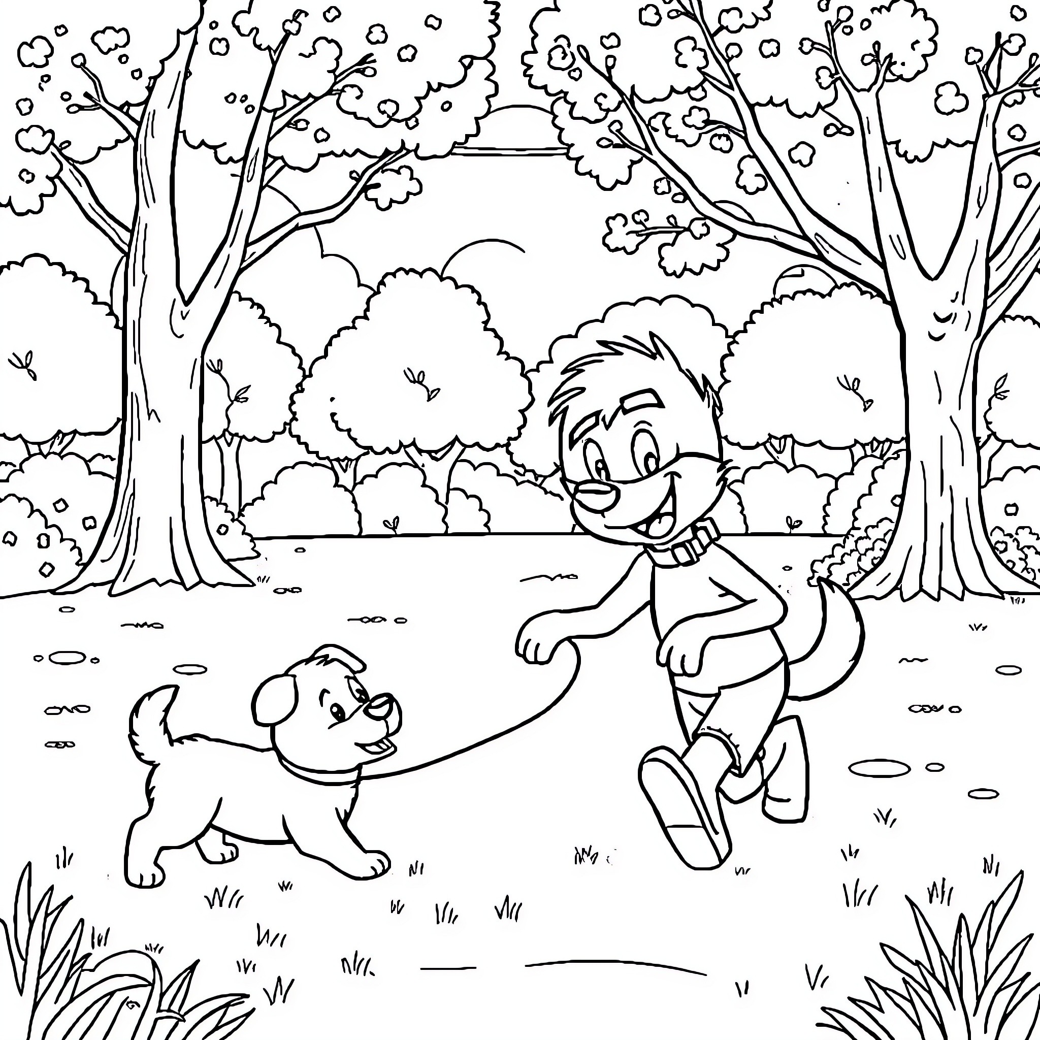 Goten playing joyfully with his puppy in the forest Coloring Page (free black-and-white line drawing printable PDF for all, from beginners to advanced learners, including children, teens, adults, and seniors)