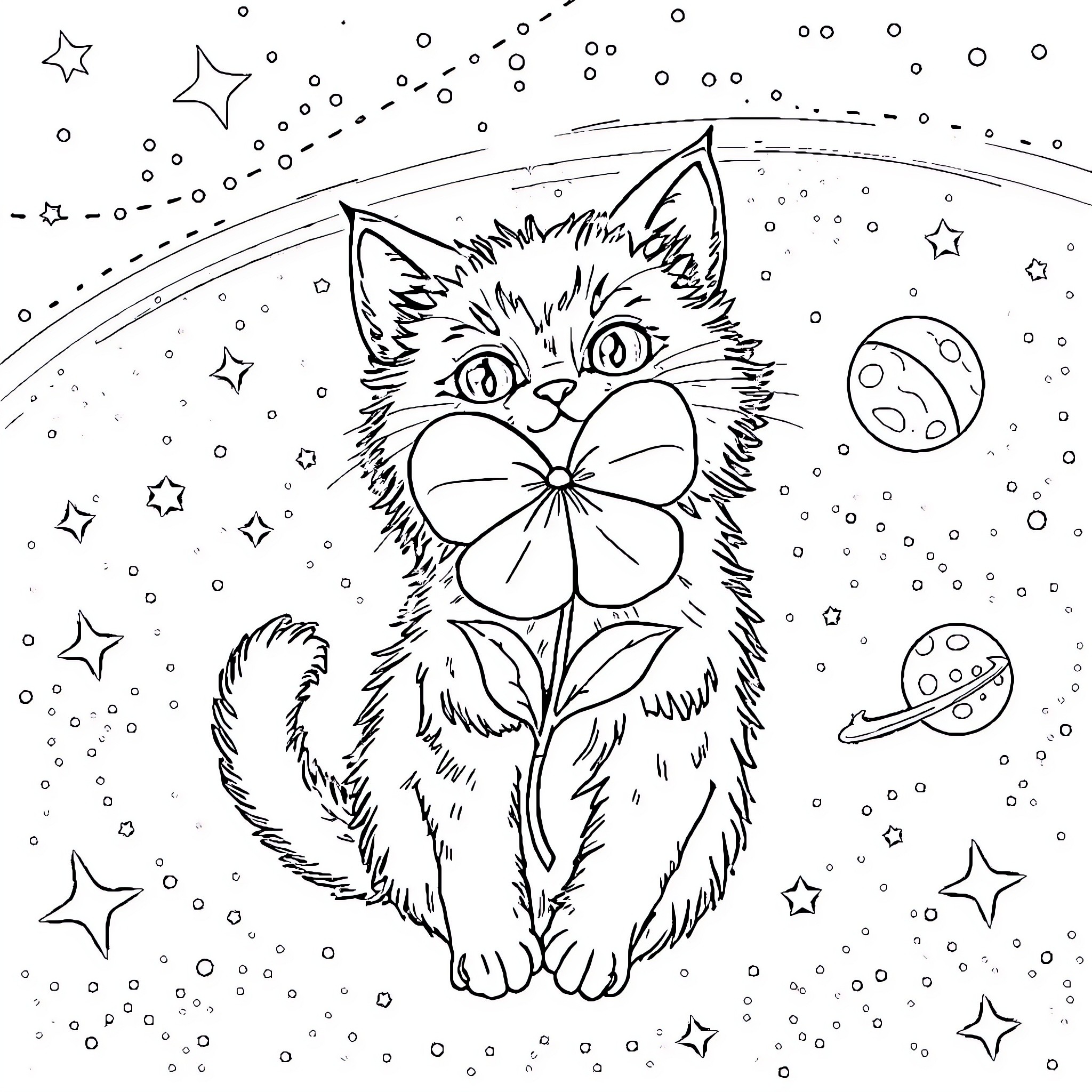 CatRat holding a flower under the starry night Coloring Page (free black-and-white line drawing printable PDF for all, from beginners to advanced learners, including children, teens, adults, and seniors)