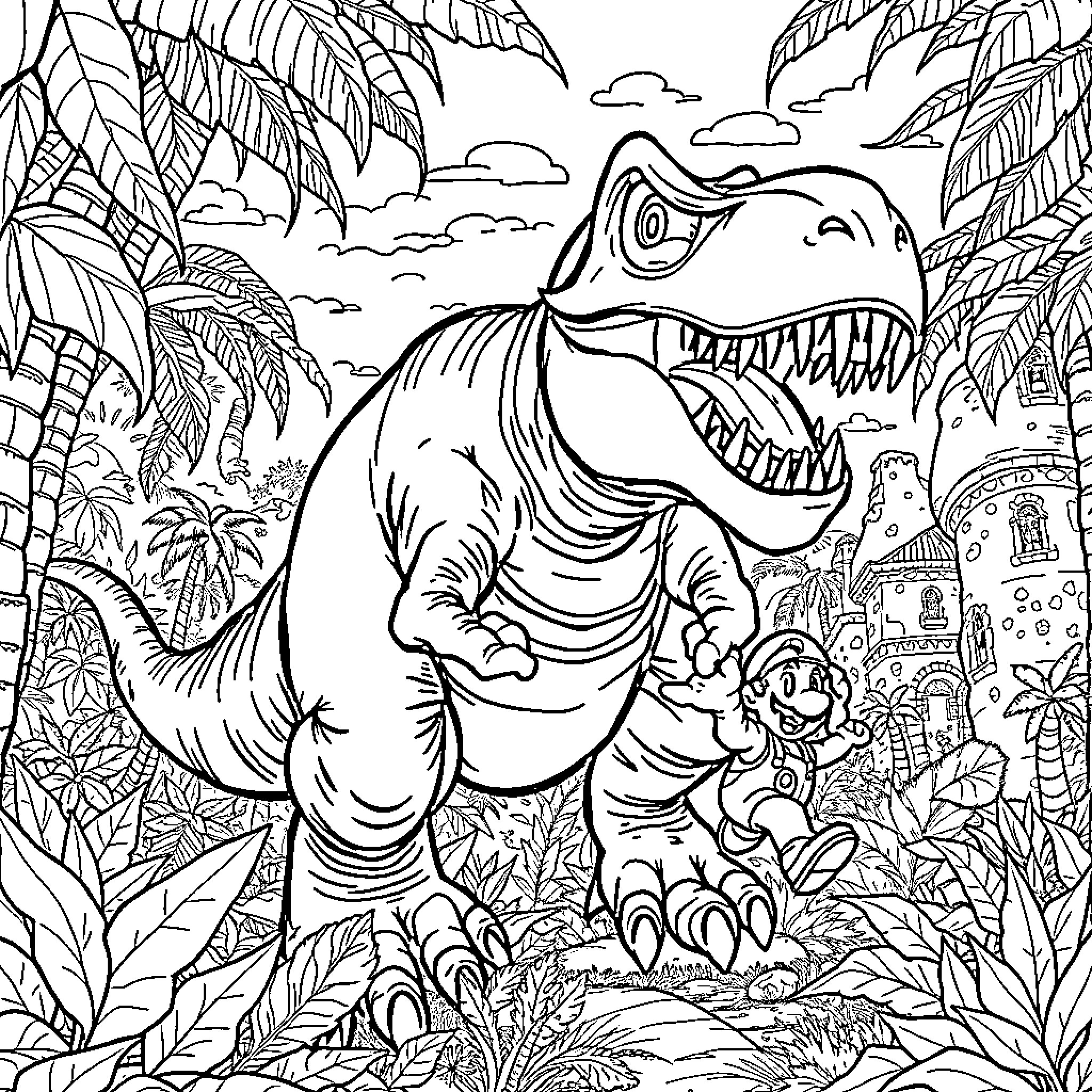 T-Rex stomping through the jungle with a tiny companion Coloring Page (free black-and-white line drawing printable PDF for all, from beginners to advanced learners, including children, teens, adults, and seniors)