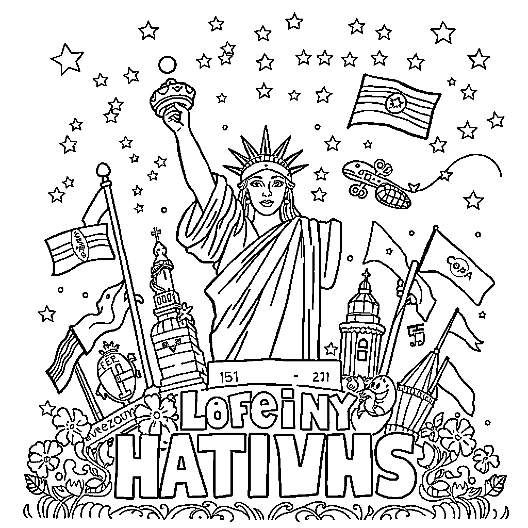 Patriotism and Symbols of American Pride Coloring Page (free black-and-white line drawing printable PDF for all, from beginners to advanced learners, including children, teens, adults, and seniors)