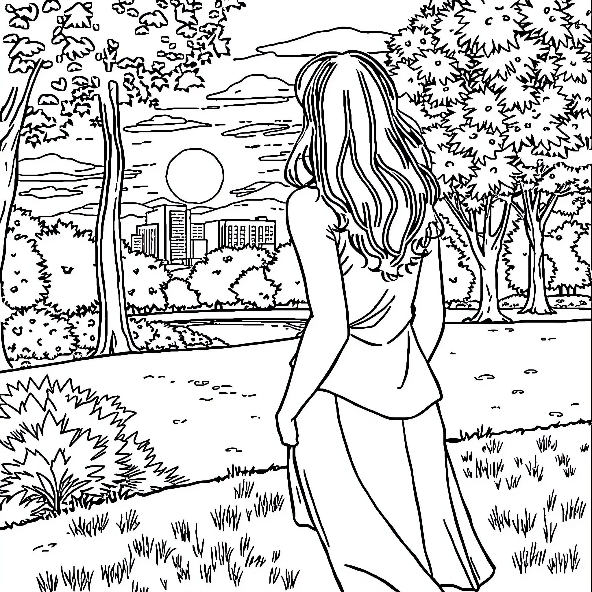 Woman enjoying scenic landscape view Coloring Page (free black-and-white line drawing printable PDF for all, from beginners to advanced learners, including children, teens, adults, and seniors)