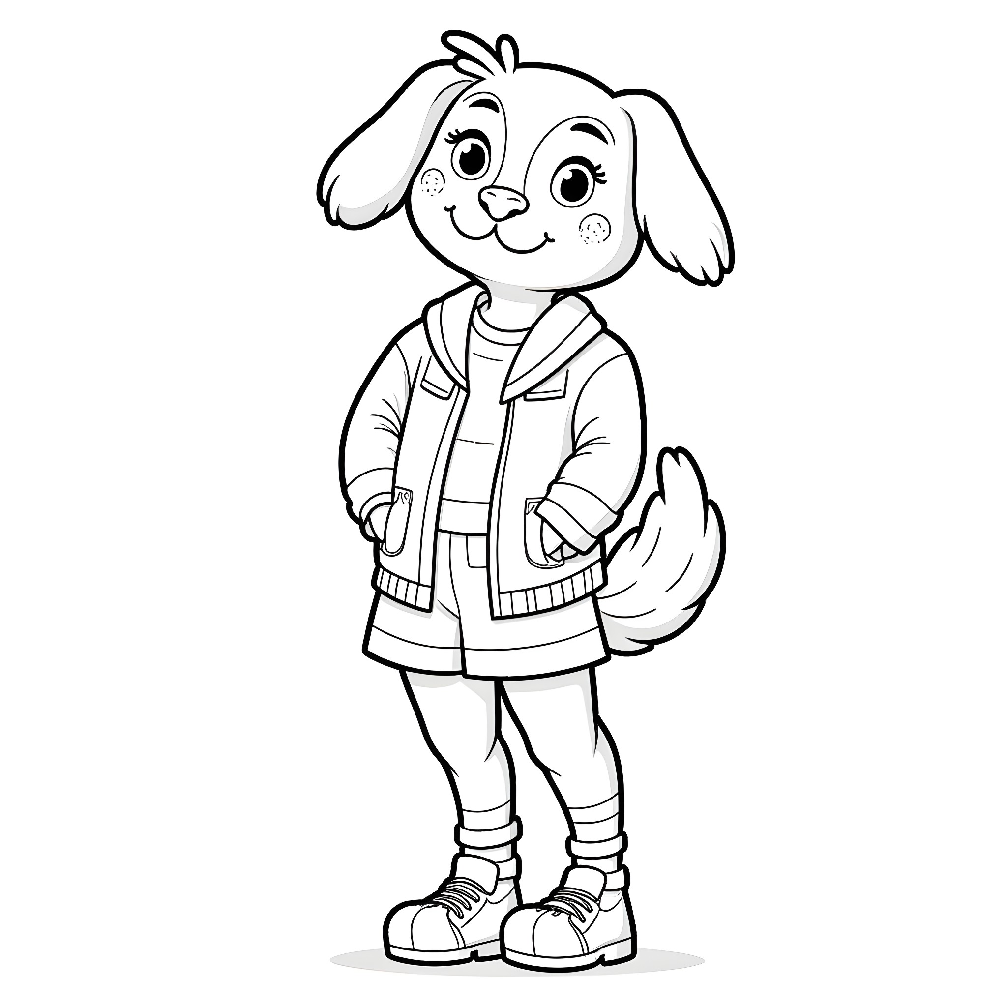 Labubu's Adorable Puppy Adventure Coloring Page (free black-and-white line drawing printable PDF for all, from beginners to advanced learners, including children, teens, adults, and seniors)