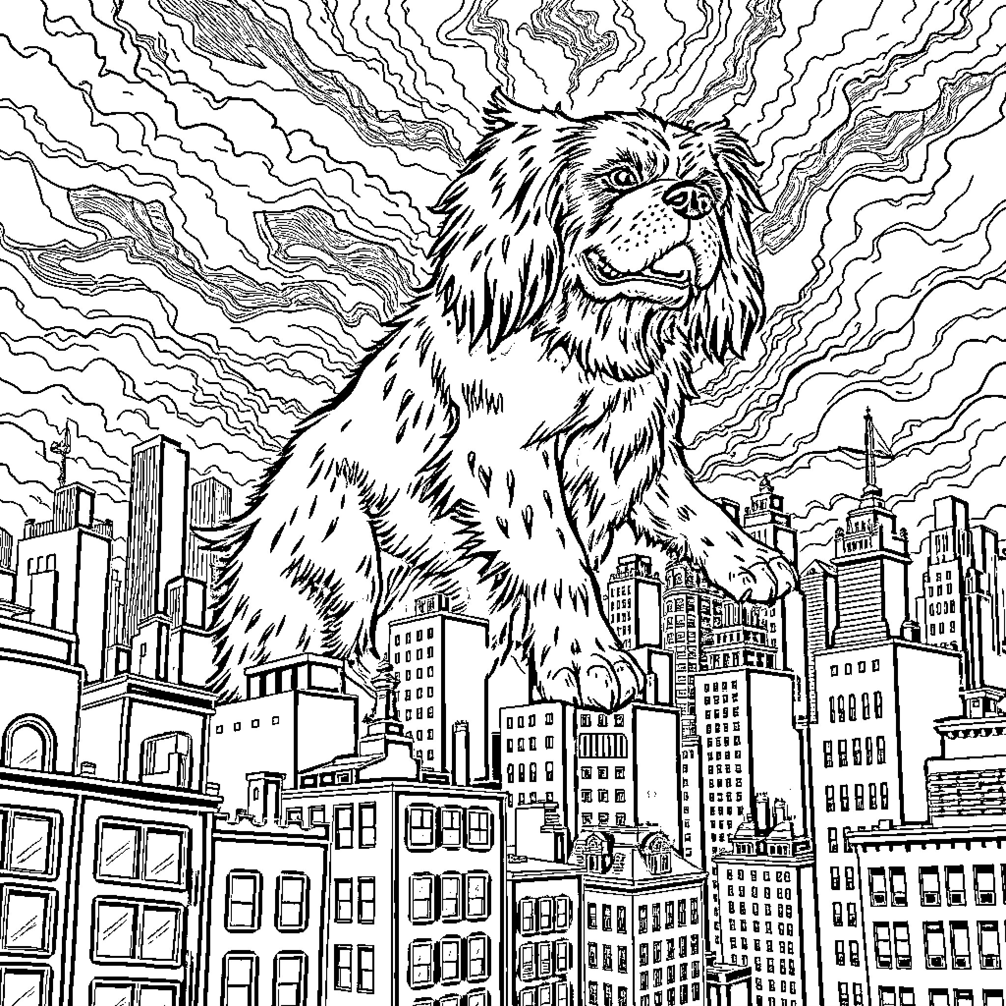 King Charles Cavalier dog exploring the city skyline Coloring Page (free black-and-white line drawing printable PDF for all, from beginners to advanced learners, including children, teens, adults, and seniors)
